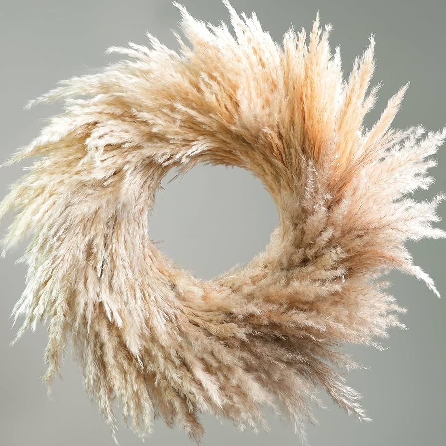 Natural Pampas Grass Wreath, 14'' Real Pampas Wreath for Front Door, Boho Wall Decor, Farmhouse Style, DIY Arrangement, Feather Wall Decor