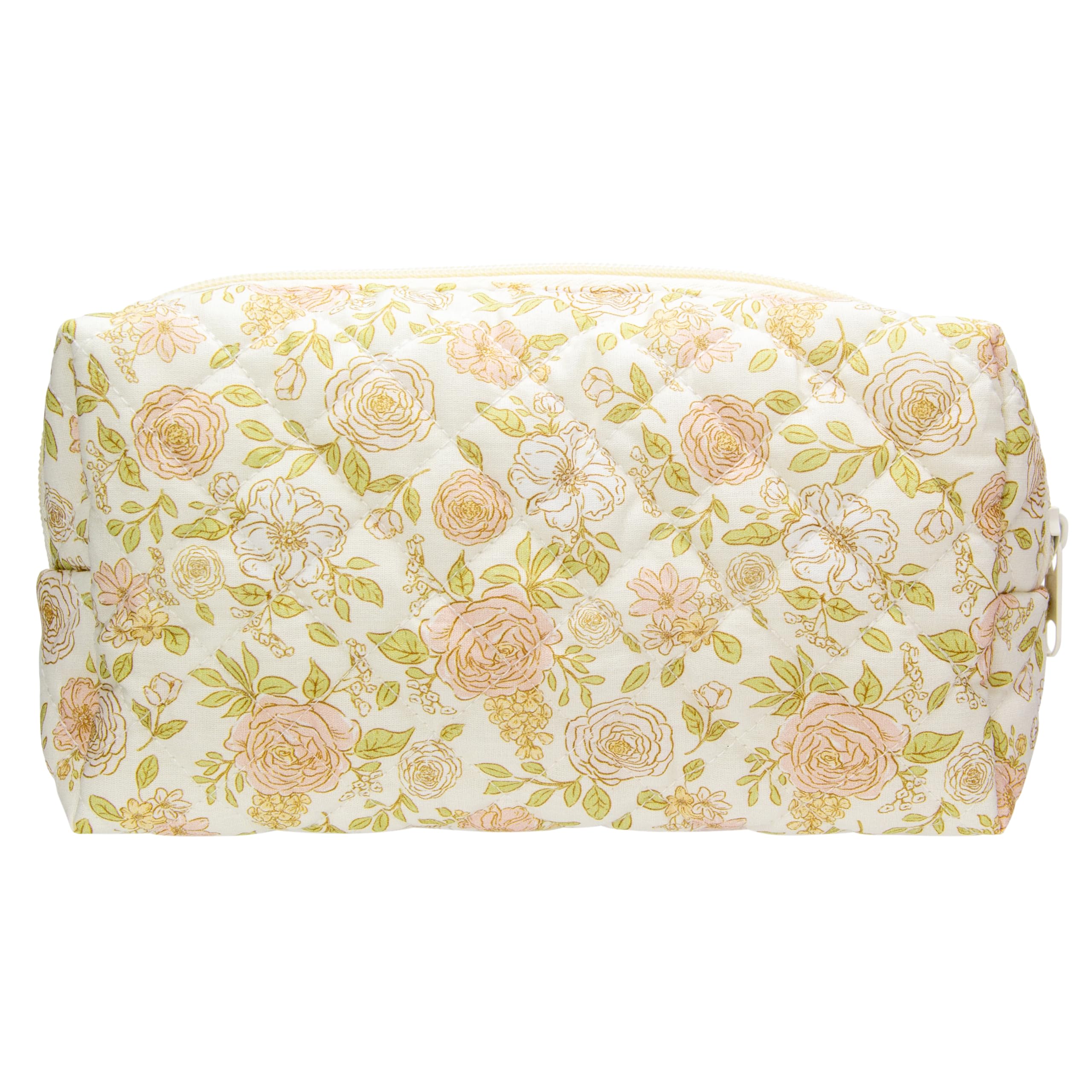 PAZIMIIK Vintage Quilted Makeup Bag Cosmetic Pouch for Brushes Pencils and Travel Make Up Accessories for Women and Girls Rose Beige