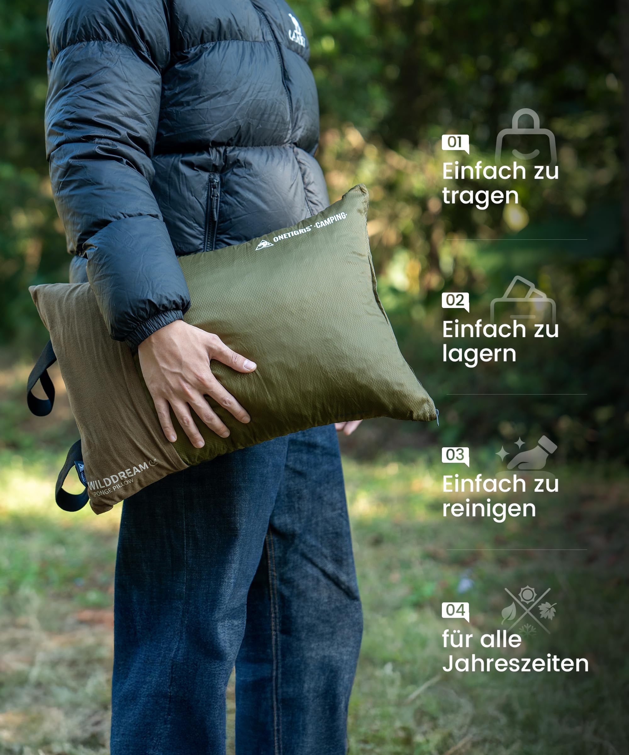 OneTigris WILDDREAM Cuscino per esterni, cuscino da viaggio in memory foam, 48 x 34 x 14 cm | verde, cuscino da campeggio, cuscino in memory foam triturato, comprimibile, per viaggi con zaino, auto e attività all'aperto