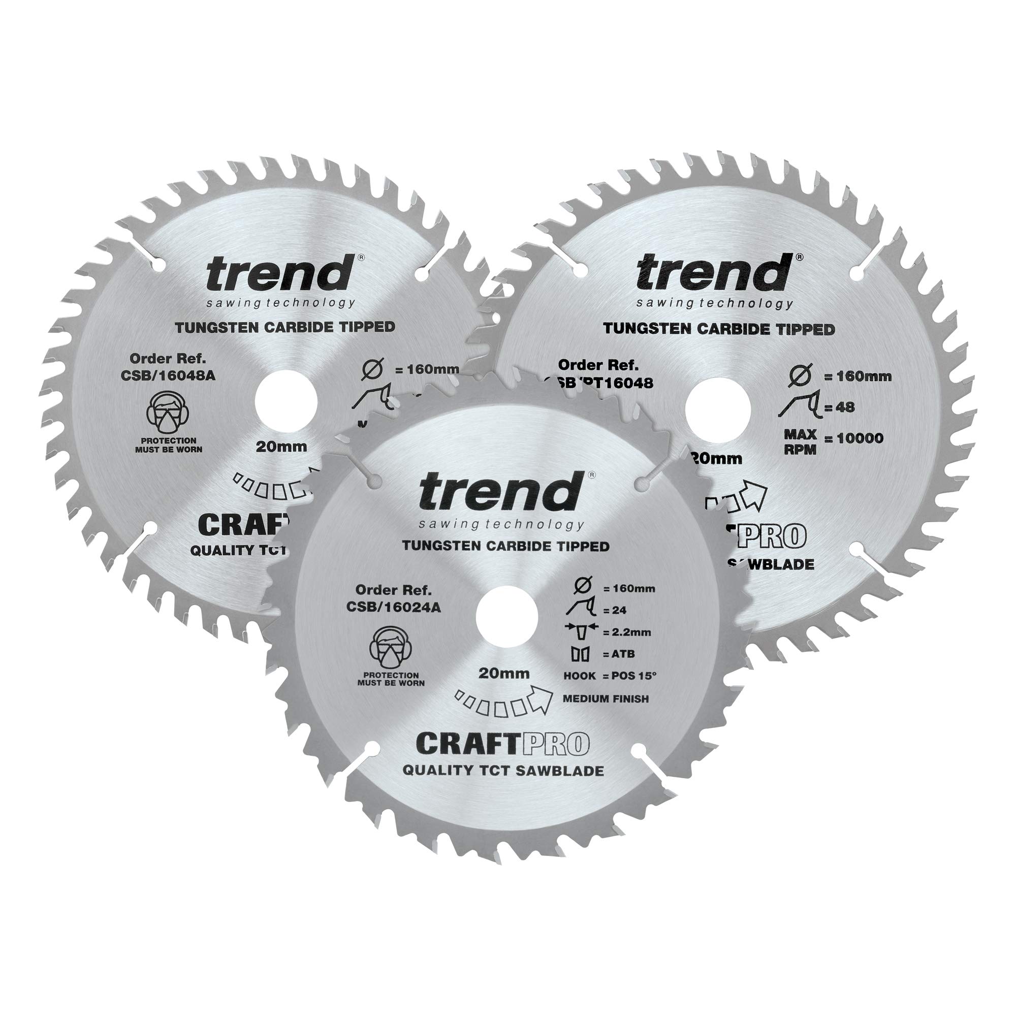 TrendWood Circular Saw Blades, 160mm Diameter, 20mm Bore, 24/48 Teeth, 2.2mm Kerf, +15/4° Hook, TCT, Medium/Fine/S.Fine Finish, 3 Pack, CSB/160/3PK/A