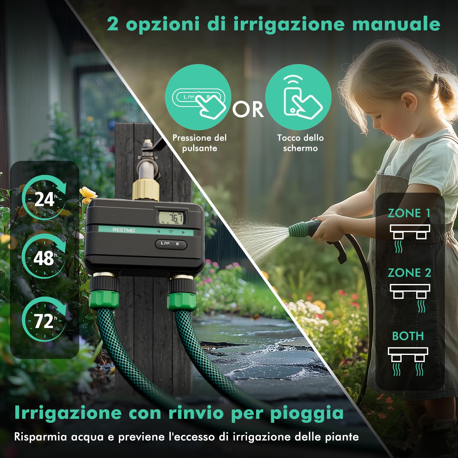 RESTMO Computer di Irrigazione a 2 Zona con Chip Bluetooth | Controllo app, Automatico/Manuale/Ritardo Della Pioggia, Timer di Irrigazione per Tubo da Giardino