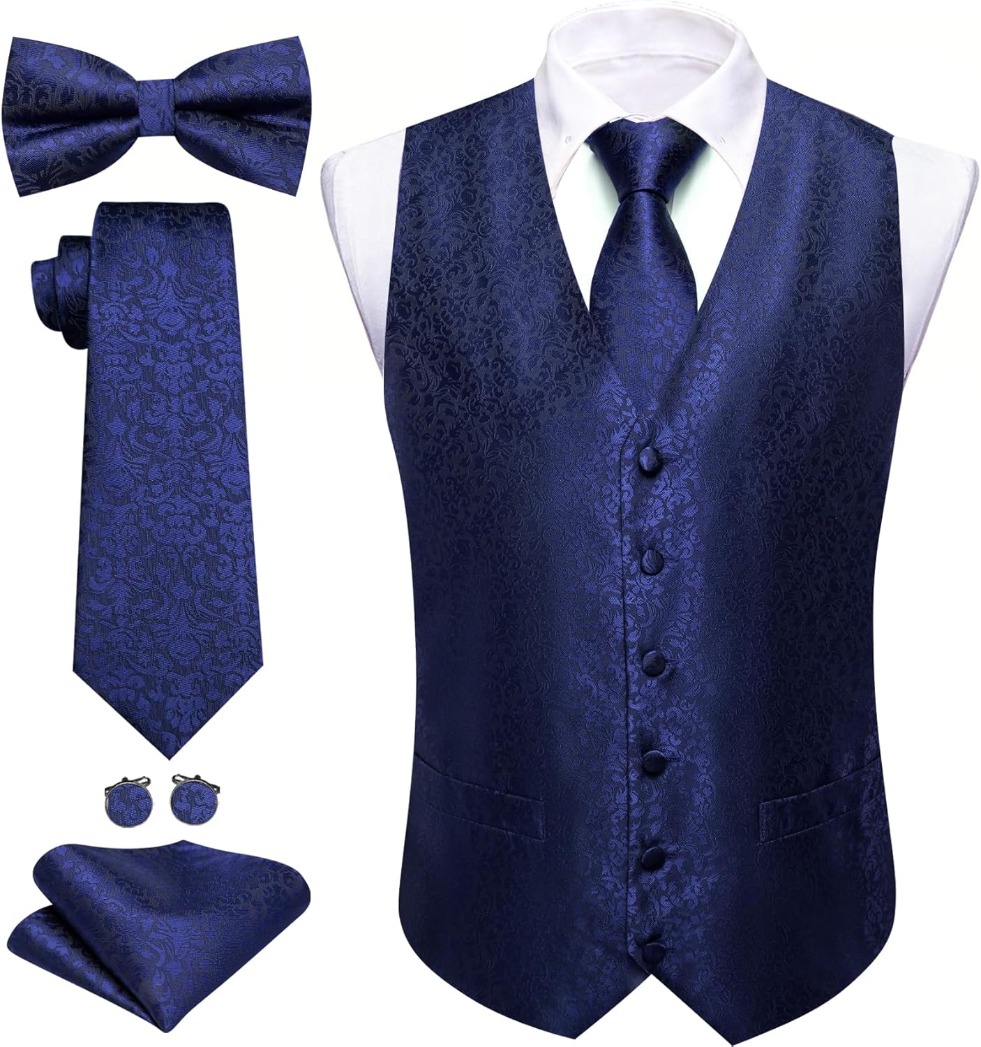 Barry.Wang Men's Suit Vest Tie Bowtie Set Formal Silk Paisley Waistcoat Hanky Cufflinks Lapel Pin Set Wedding Party 7PCS - Image 3