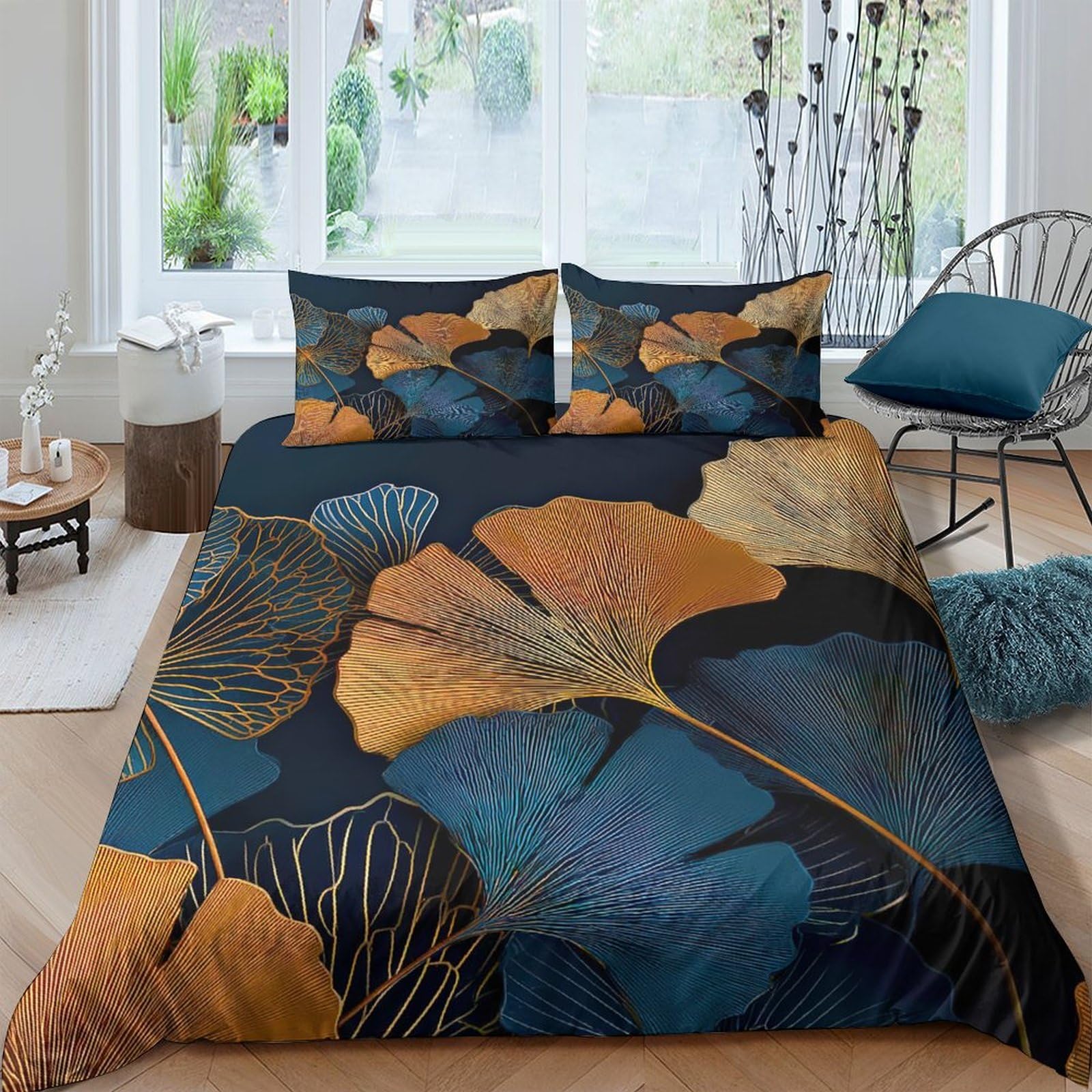 Ctjqhvkz Style-3 3D Printed Ginkgo Leaf Fitted Sheet Microfiber Soft Blue Gold Abstract Bed Cover For Bedroom Dorm Decor Single（135X200cm）