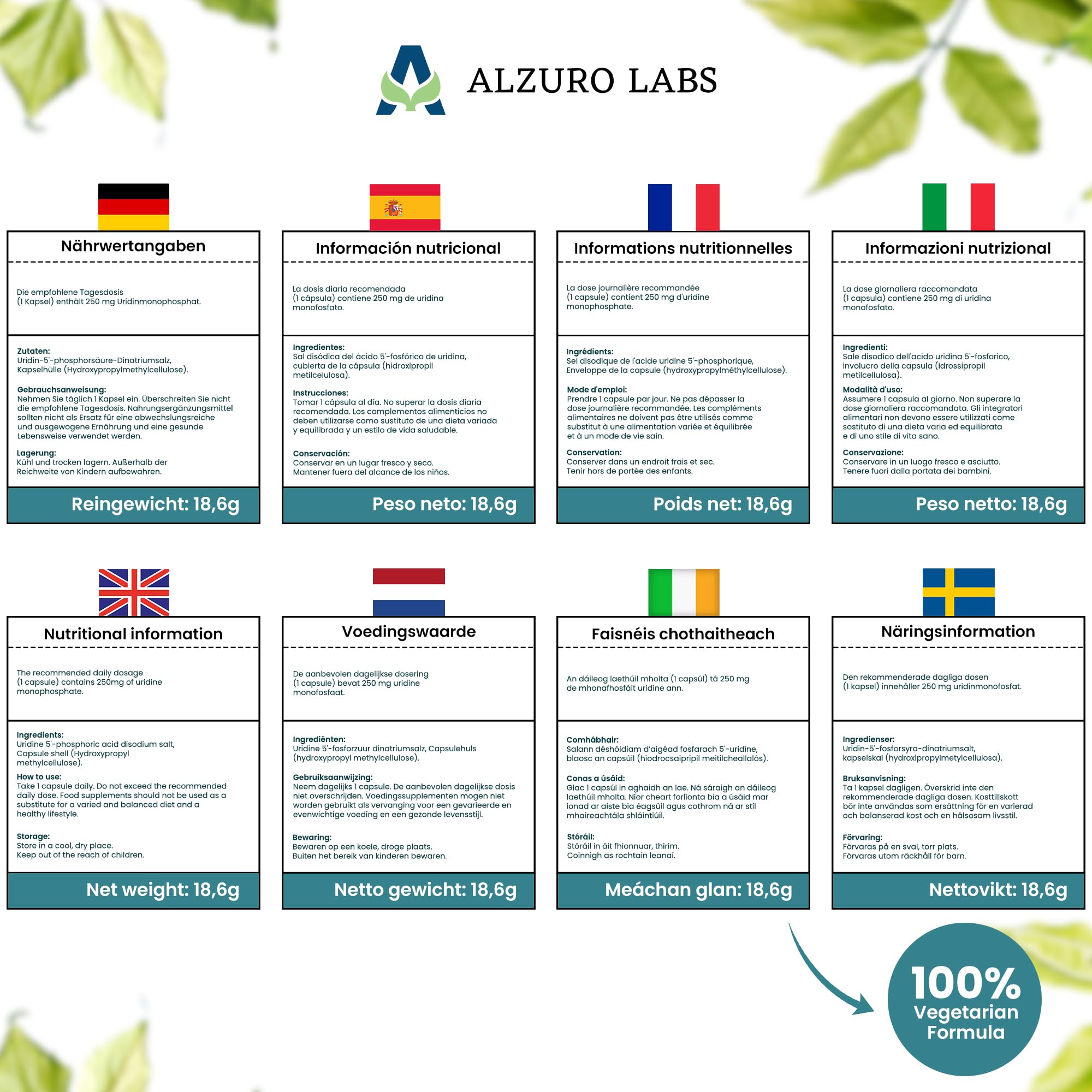 Uridine monophosphate | 250 mg | 60 gélules végétales | cure de 2 mois | GMP & Testé en Laboratoire Indépendant