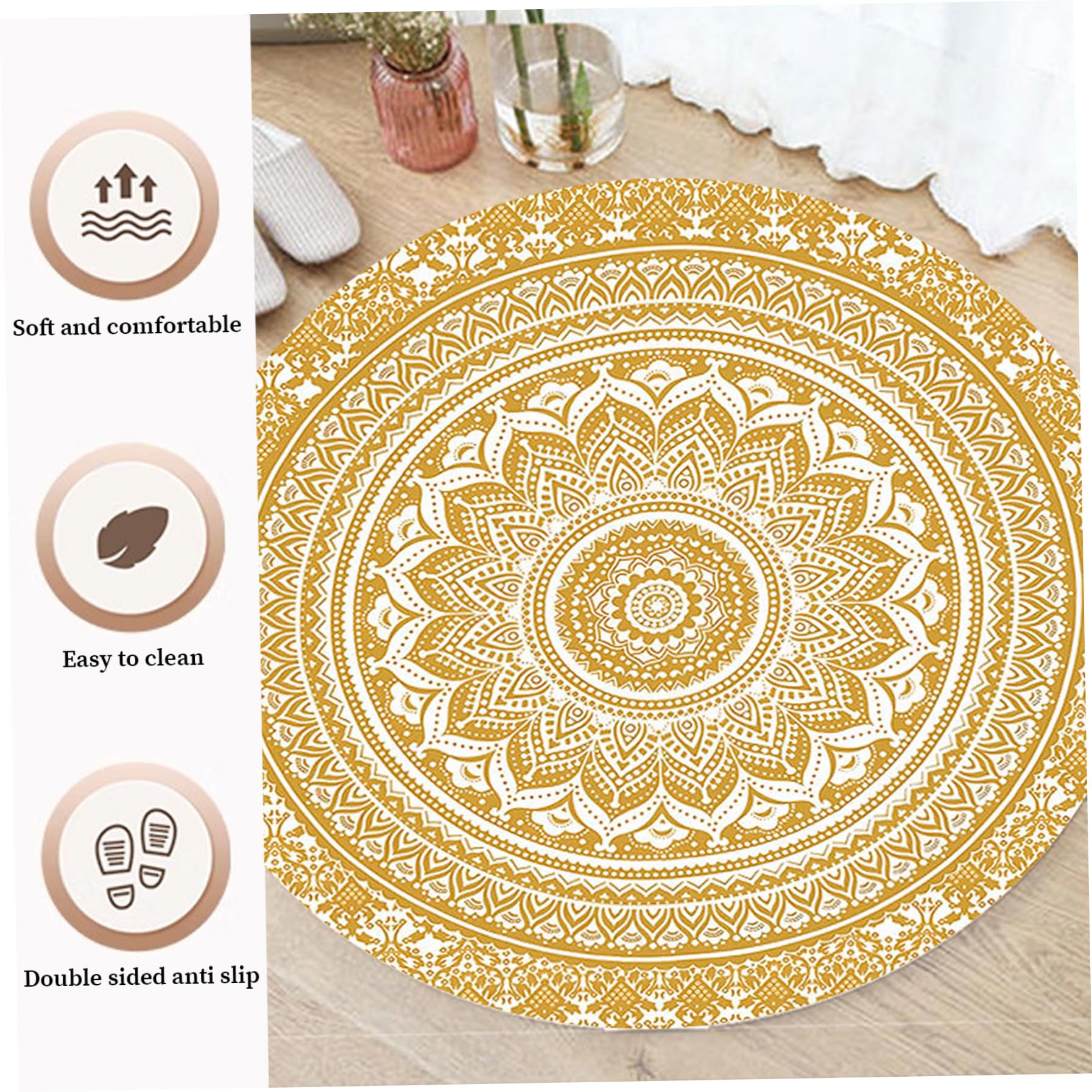 Tapis Boho Rond, Tapis Mandala Confortable de 4 Pieds, Rond Lavable, Circulaire antidérapant pour Chambre à Coucher, Salon, Salle de Jeux