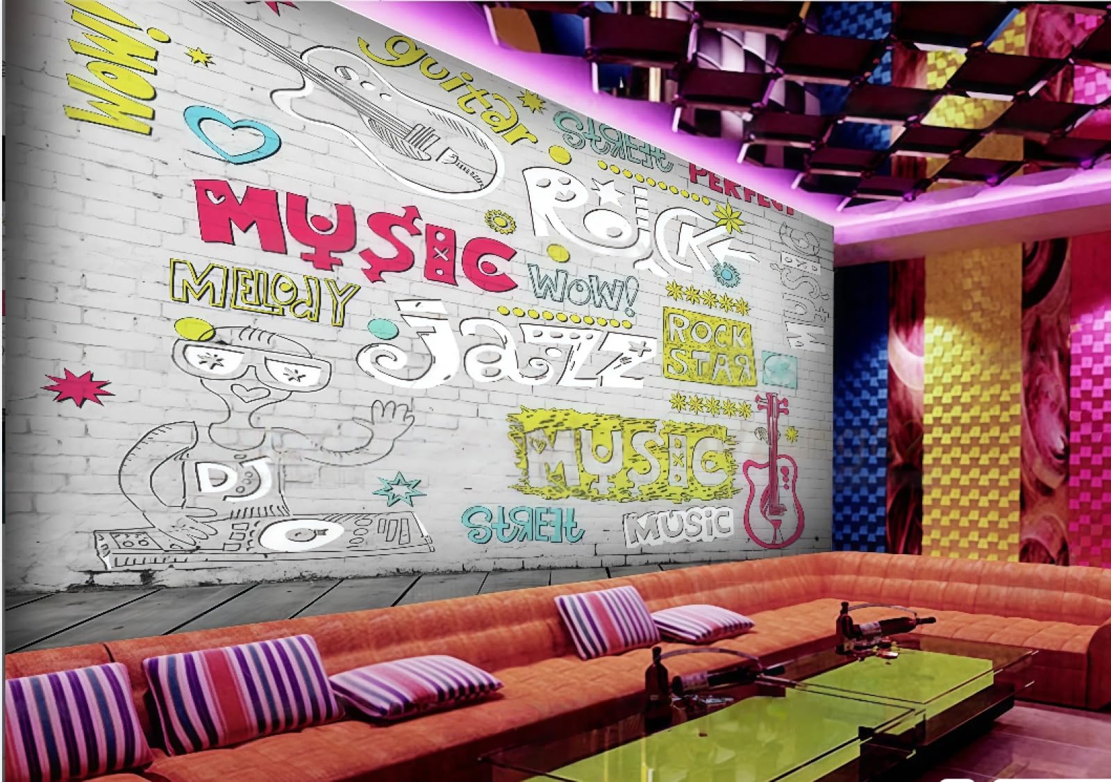 Rskjdghshd 3D Wallpaper Nostalgic White Wall Color English Letters Music Theme Bar Western Restaurant Background Wall Mural Afternoon Tea Coffee Shop Wallpaper,,400X280cm