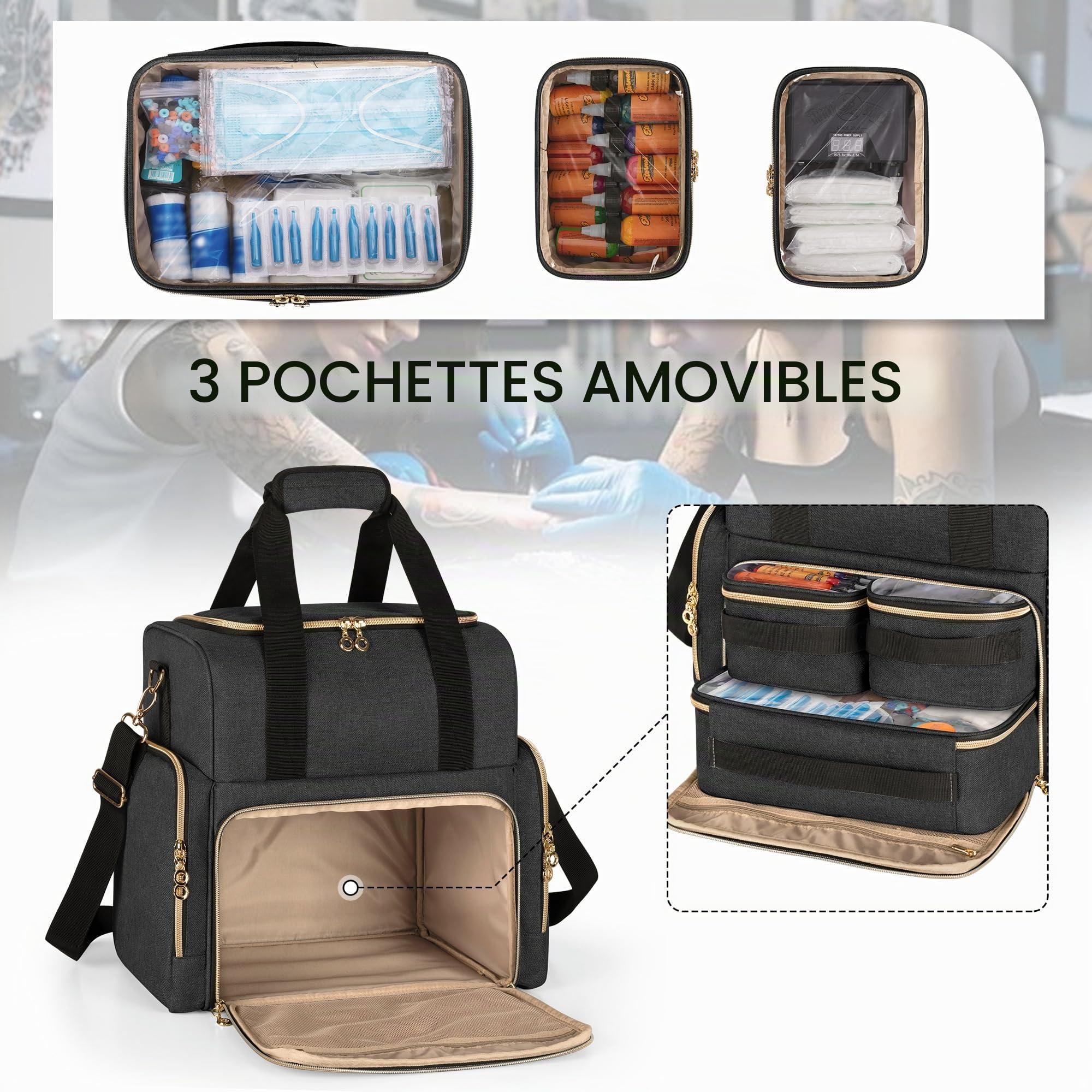 Luxja Grand Étui de Transport pour Tatouage avec 3 Pochettes Amovibles, Organisateur de Fournitures de Tatouage pour Imprimante de Pochoirs et Kit de Tatouage, Noir