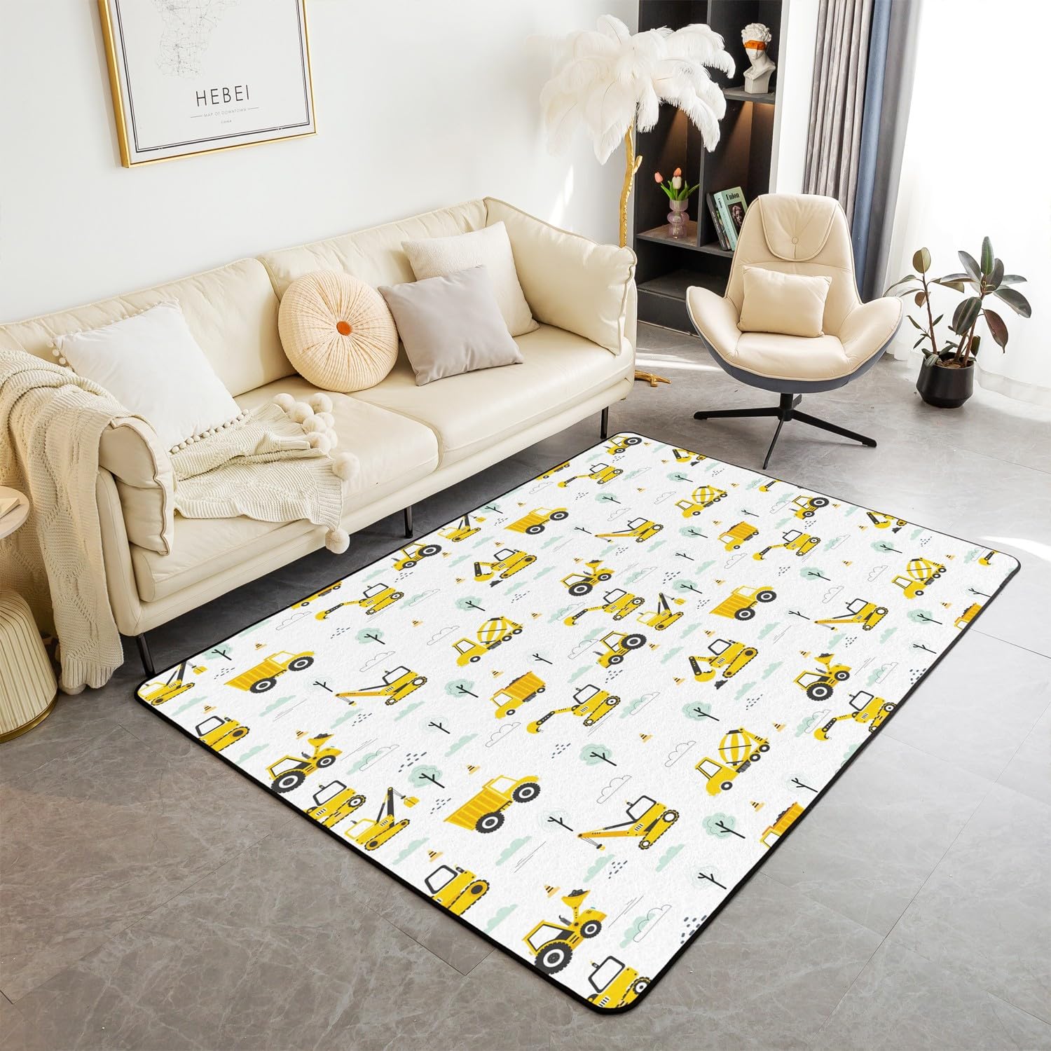 Loussiesd Tappeto da salotto per veicoli da costruzione, 150 x 200 cm, tappeto per bambini con escavatore per ragazzi, attrezzature e camion, tappetino per interni, tappeto decorativo per auto con