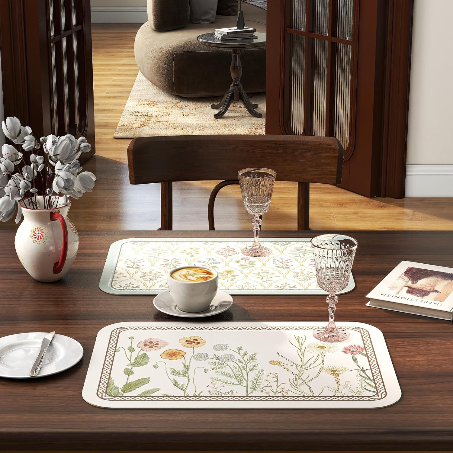 ISAENNE Designer Cottage Rectangular Placemats Set of 6,Flower Pattern PVC Placemat, Waterproof and Heat-Resistant Pastoral Style,Decoration for Kitchen,Dinning,Parties, Holiday,12"*17"