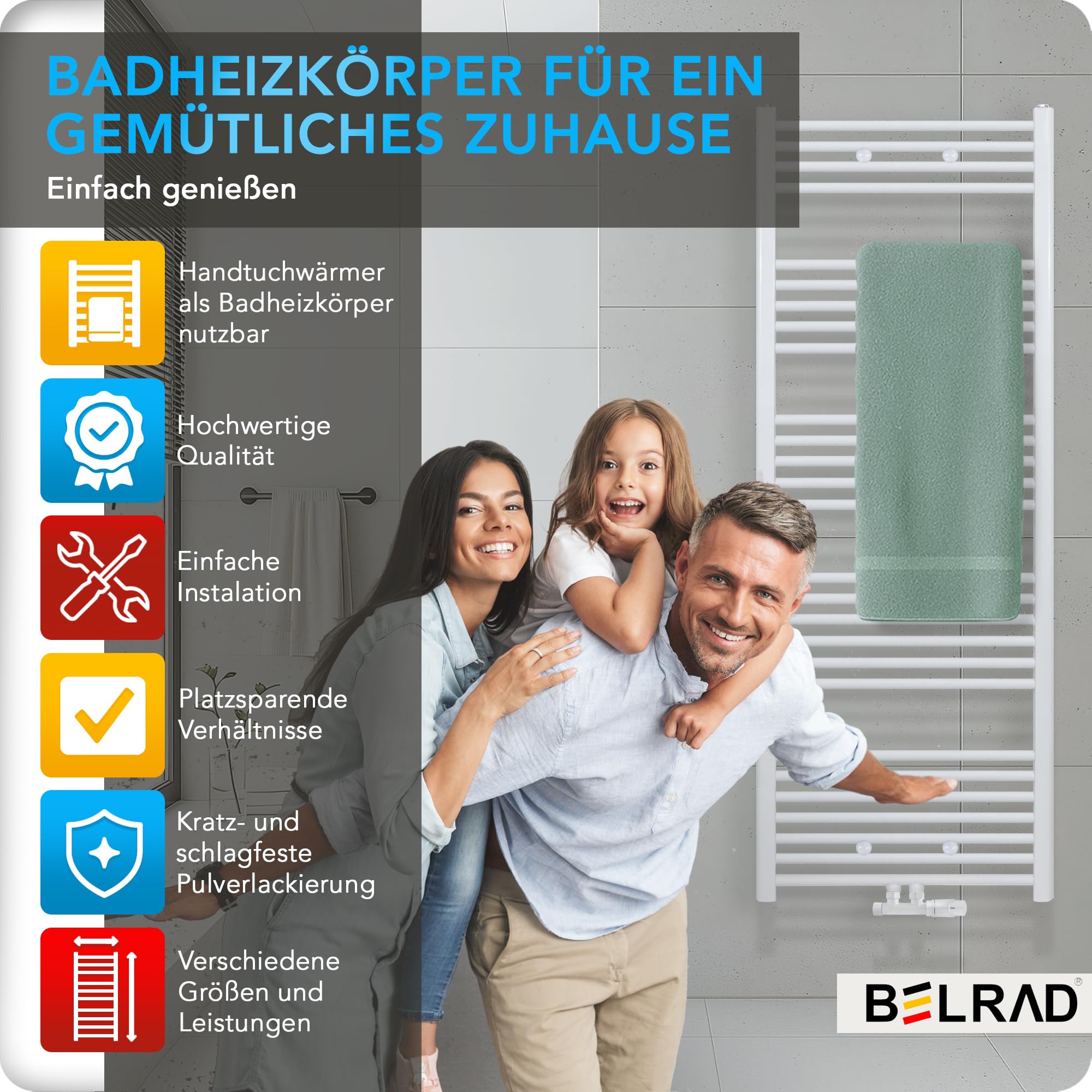 Belrad Badheizkörper mit Mittelanschluss Handtuchheizkörper Qualitätsstahl Weiß pulverbeschichtet Wandmontage wasserbetrieben Badezimmer Heizung