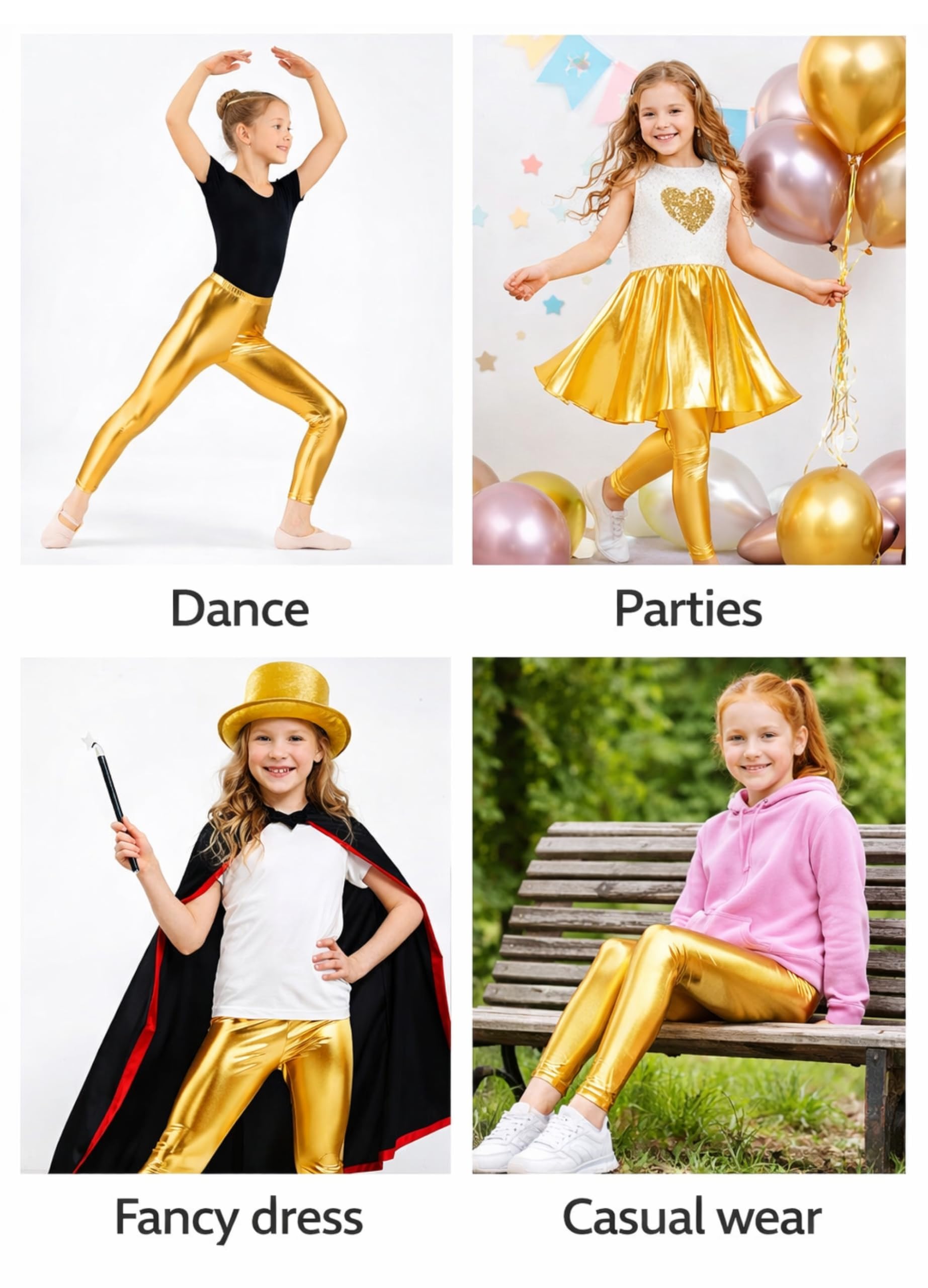 Leggings metallizzati lucidi per bambini, effetto bagnato, danza, feste, sport, senza piedi, pantaloni a lunghezza intera, tinta unita
