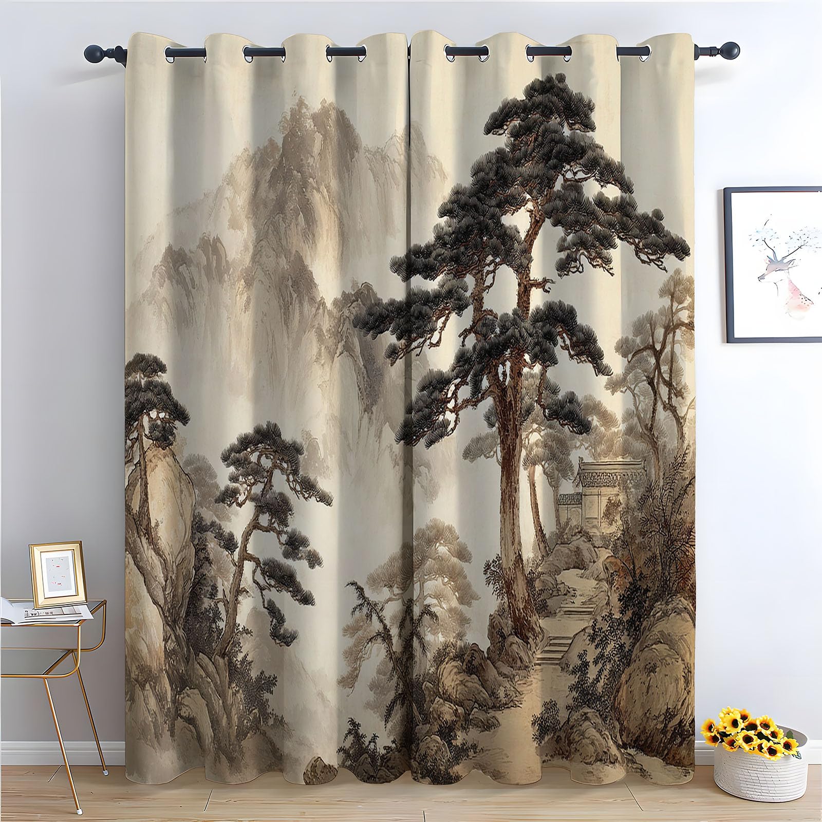 WQBQKKX Abstract Line Curtains for Living Room Bedroom Ink Painting Textured Farmhouse Curtains Leaf Printed Eyelet Rustic Drapes Window Treatment-52 W x 72" L (Pack of 2)