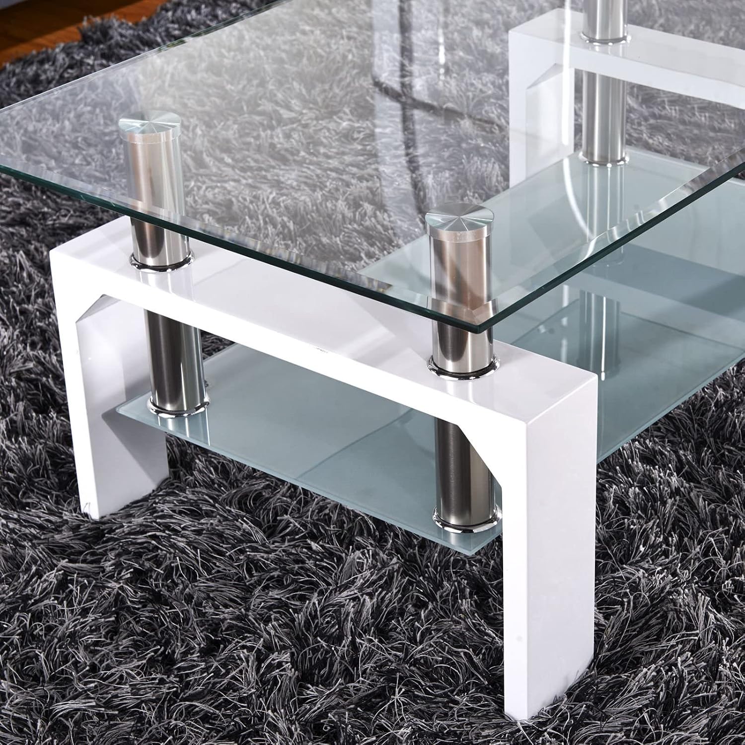 Mecor Rectangle Glass Coffee Table-White Modern Side Coffee Table with Lower Shelf Metal Legs-Suit for Living Room
