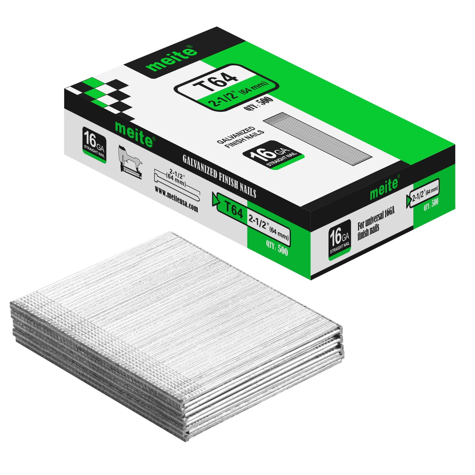 meite 16 Gauge Finish Nails - 2-1/2 Inch Galvanized 16GA Trim Nails Straight Finish Nails for Window Casing Baseboard Crown Molding Paneling, 500PCS