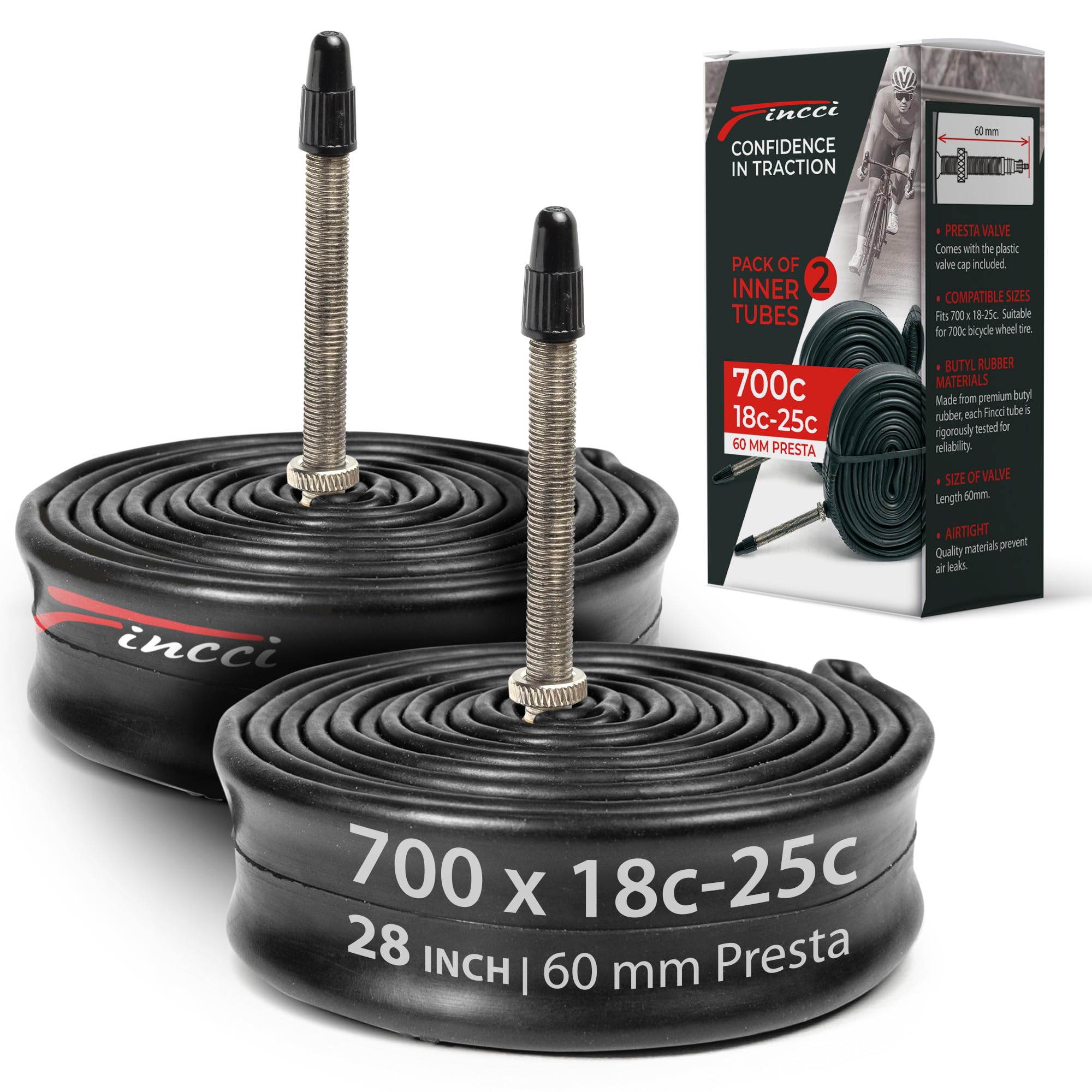 Fincci Inner Tubes 700c x 18c x 23c x 25c - Pair Bike Tubes 28 inch with 60 mm Presta Bicycle Valve - Inner Tube for City, Gravel, Race, Road, Touring Bicycle - Pack of 2x 622 Bike Accessories