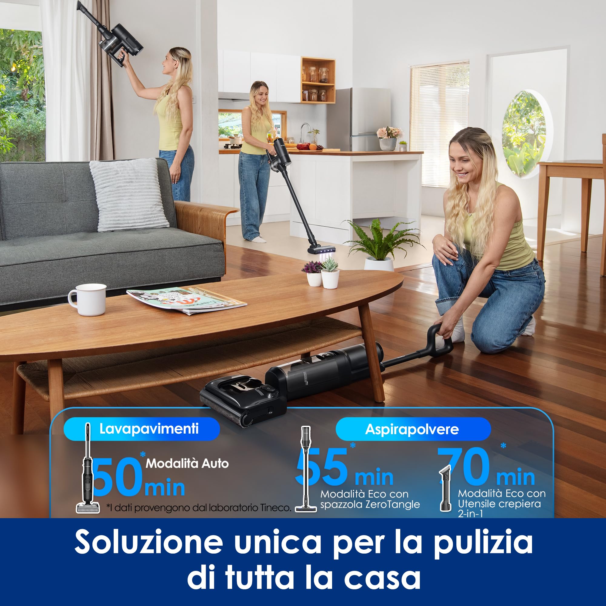 Tineco Floor One Switch S7 Stretch Aspirapolvere lavapavimenti Multifunzione 5 in 1, Design Piatto a 180°, Asciugatura Rapida con Aria Calda a 85°C, Design Anti-groviglio