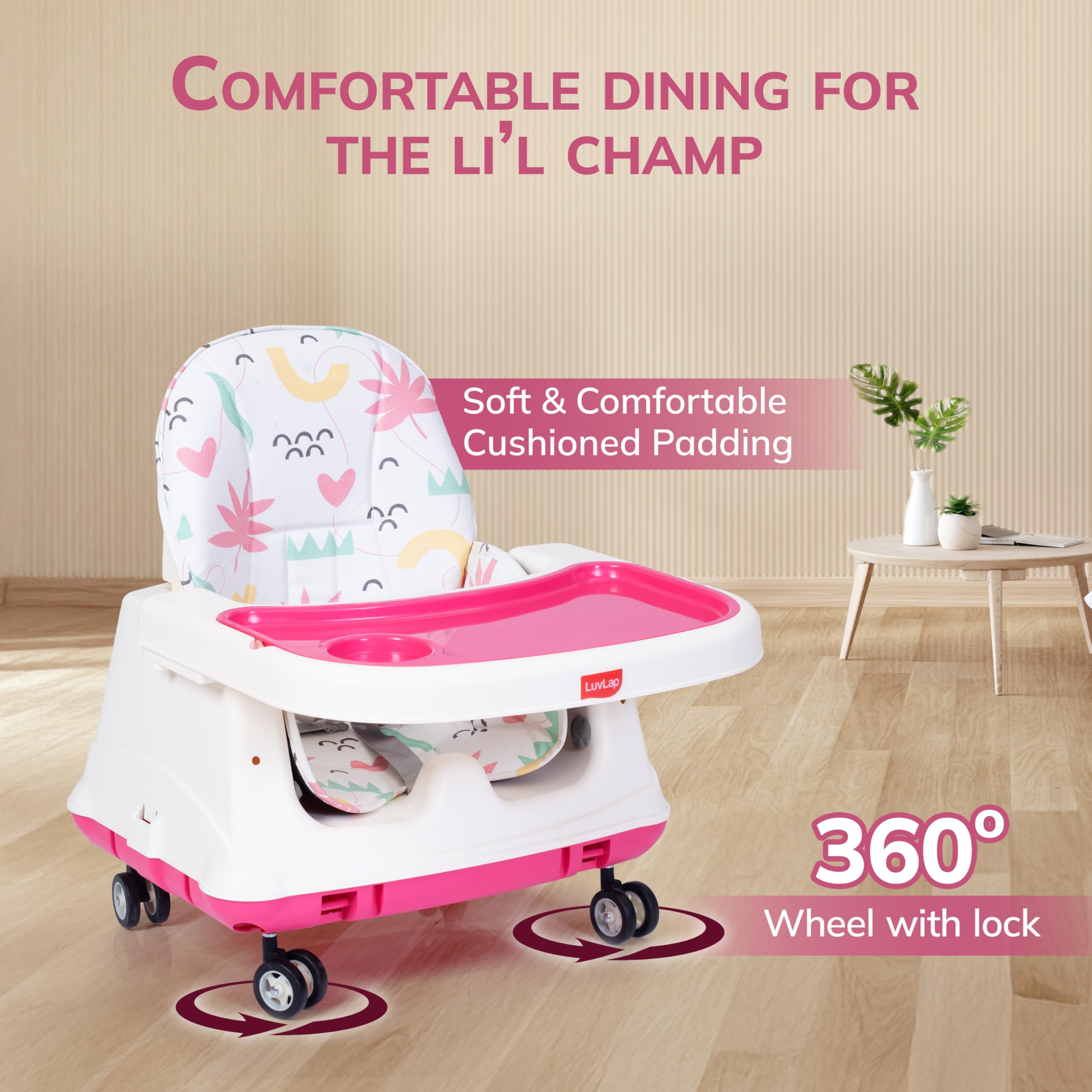 LuvLap 4 in1 High Chair for Baby/Kids, Toddler Feeding Booster Seat with Wheels, PVC Cloth, 3 Height adjustments, with Cushion, 6 Month to 3 Years, Portable (White & Pink) 3