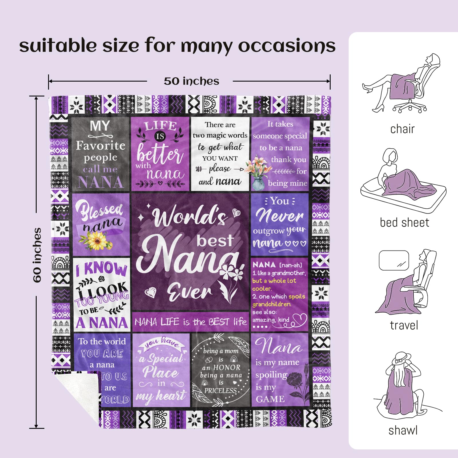 Nana Gifts, Nana Birthday Gifts from Grandkids, Birthday Gift for Nanas, Grandma Mothers Day Birthday Present, Purple Heartwarming Blanket 60”x50”