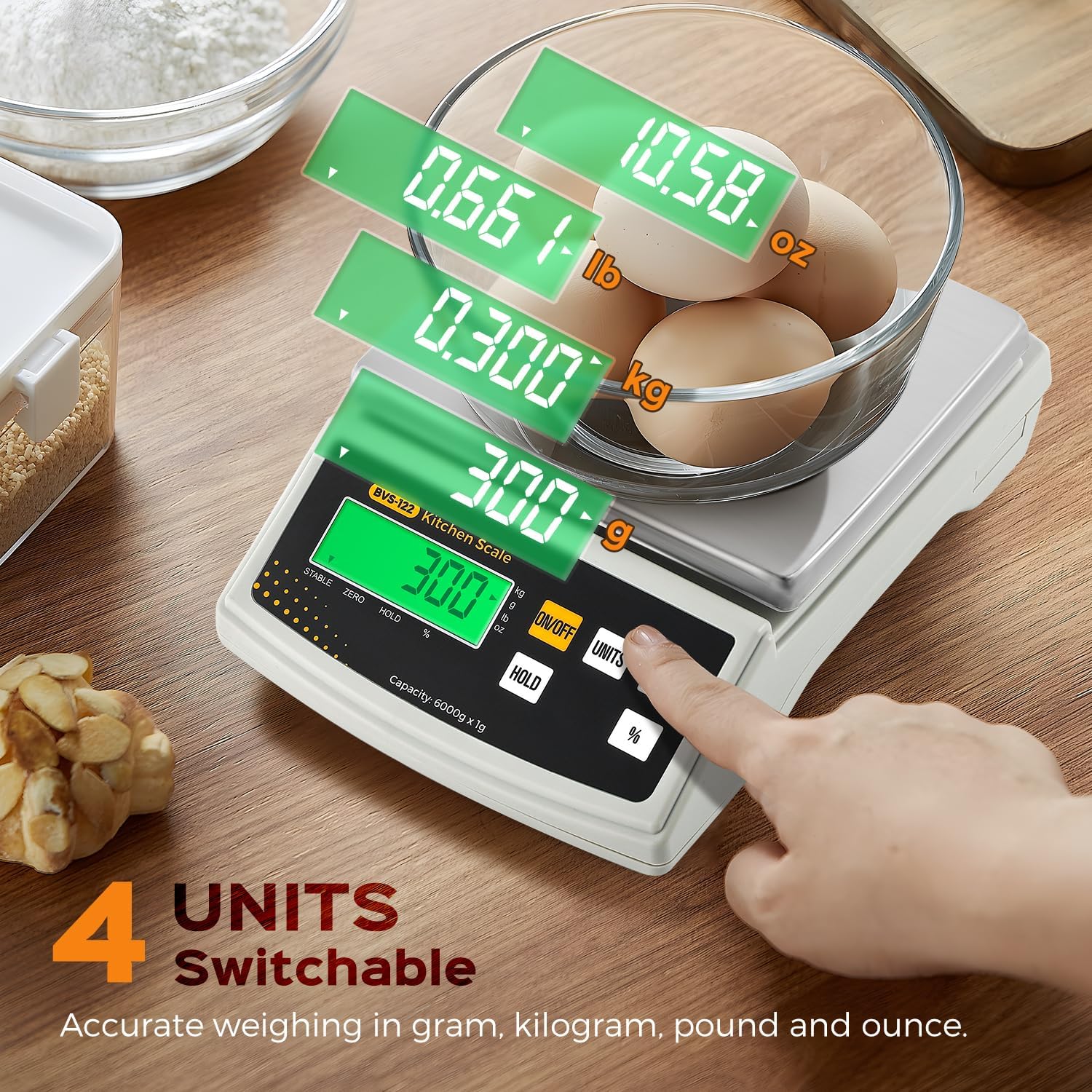 Bonvoisin 2 gr/ 6 kg Báscula de Cocina Digital - g/oz, Porcentaje y Tara | Plato de Acero Inoxidable, Alta Precisión Báscula Alimento para Cocinar, Postres, Velas y Jabones