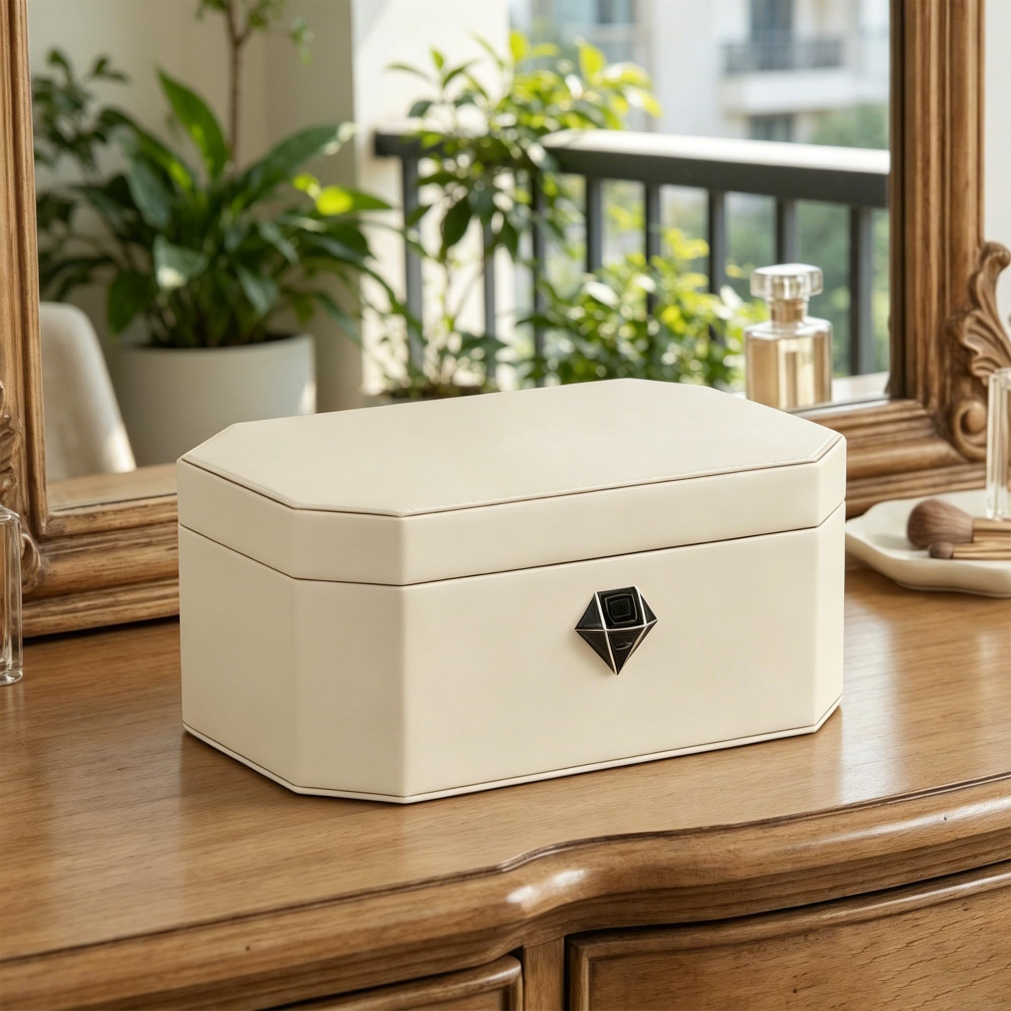 VALINIRT Jewellery Box, Leather-Wrapped Large Jewellery Box with Lock for Women, Quick-Access & Keyless Entry (Two-Tier White)