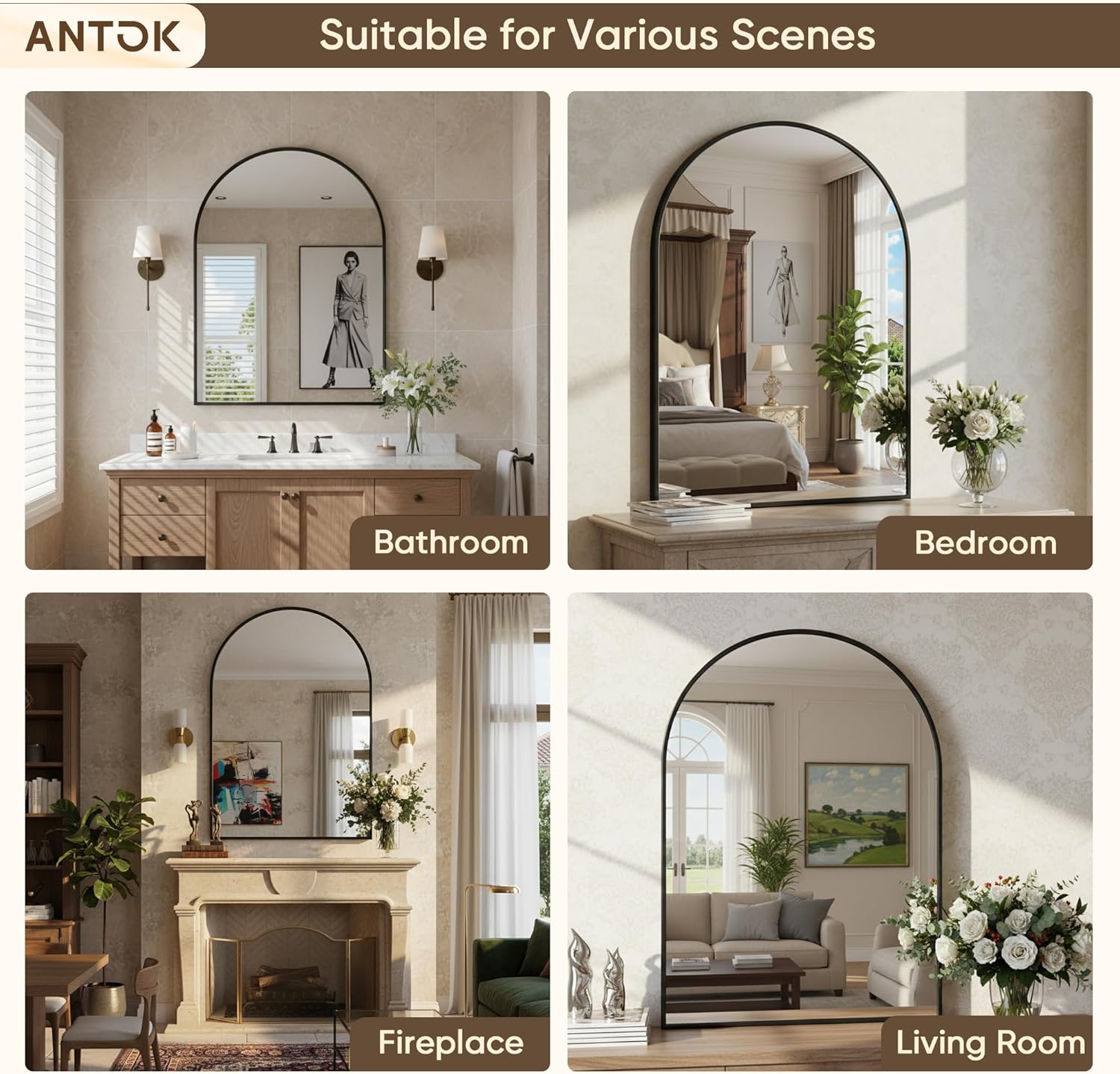 Antok Arched Bathroom Mirror, 24"x36" Wall Mounted Mirror, Vanity Mirrors for Over Sink, Aluminum Alloy Frame Bathroom Mirrors Living Room, Bedroom and Entryway, Black - Image 8