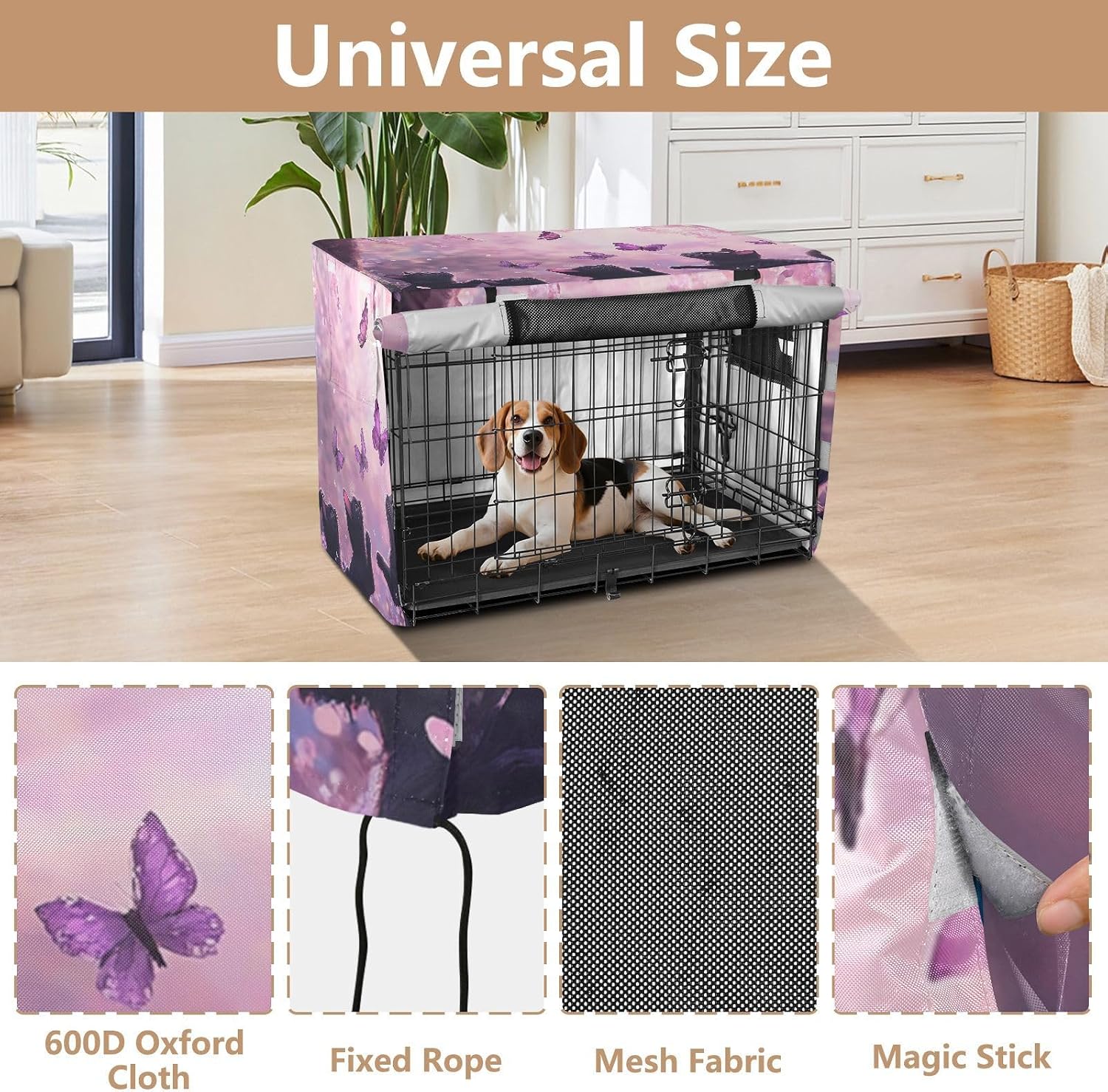 Dog Crate Cover Kennel Cover for Dog Cages Breathable for Wire Cage Indoor Outdoor Cherry Blossom Black Cats and Butterfly