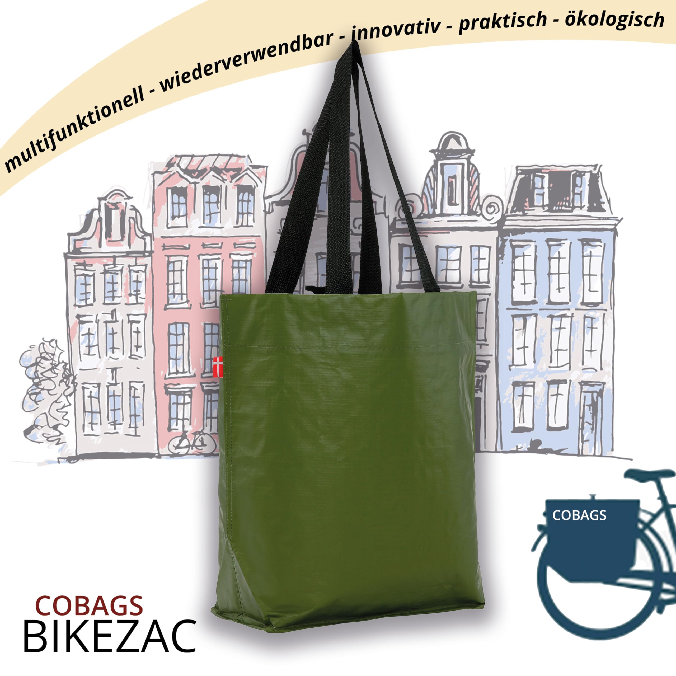 BikeZac 2.0 di COBAGS - Borsa per la spesa da bicicletta, clip-on, riutilizzabile, borsa per il carrello della spesa, riciclabile (Simply verde, 2 pezzi)