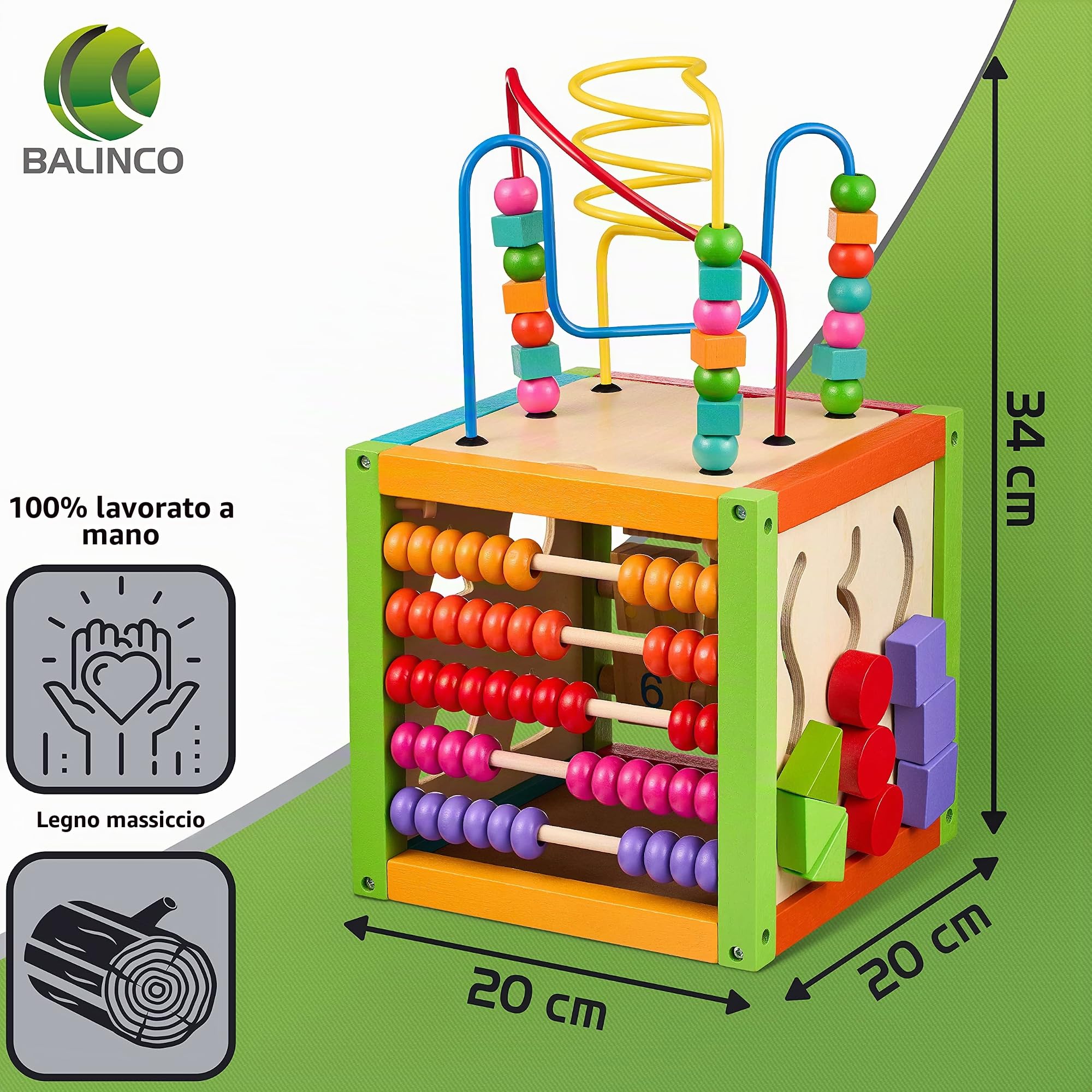 BALINCO Motor Cube, Cubo di attività per Bambini, 5 Lati con Labirinto di Perline, Abaco, Forme a pioli, Blocchi numerici, Labirinto Scorrevole, Giocattolo in Legno a Partire da 6 Mesi