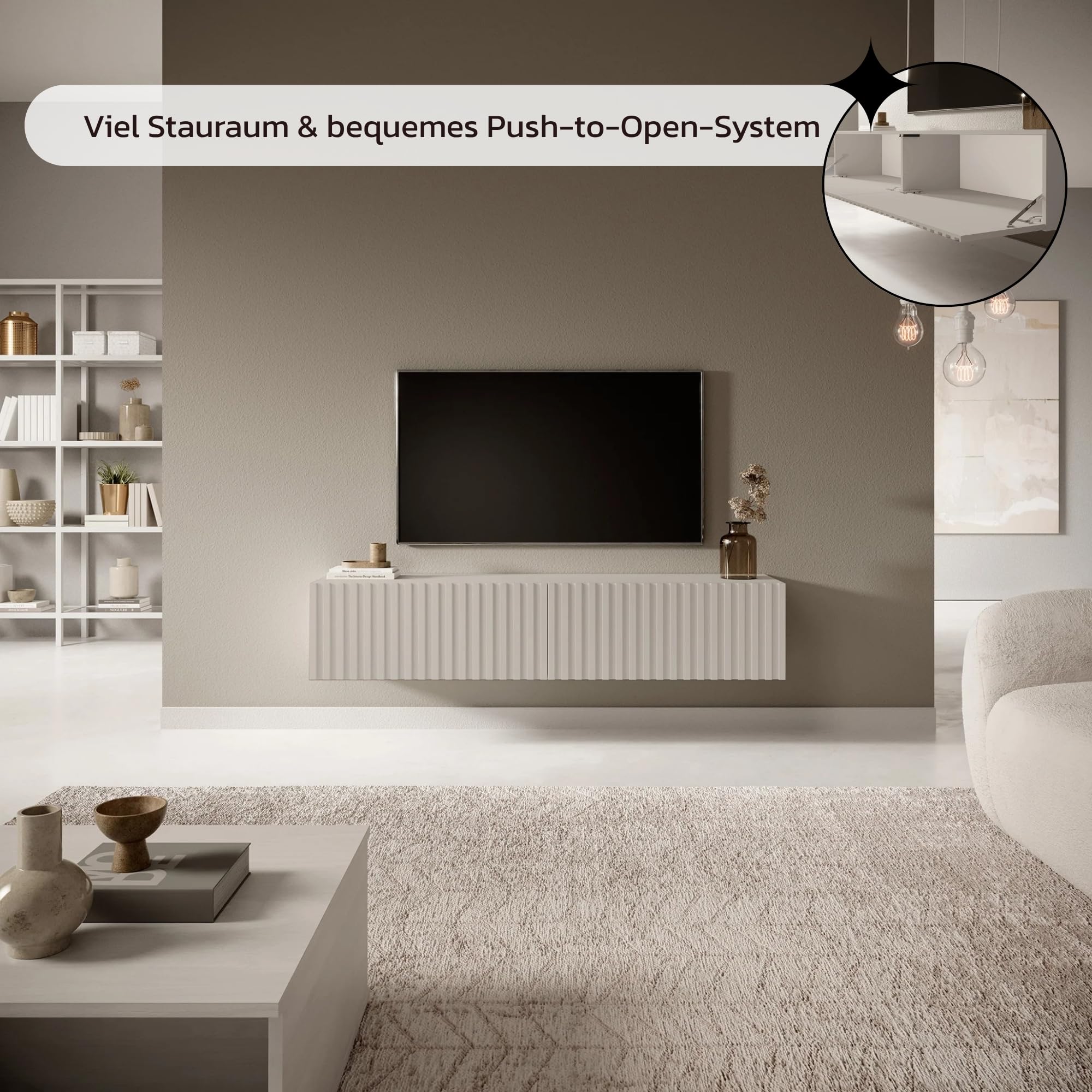 Selsey TV Schrank Board Sideboard Fernsehtisch Fernsehschrank 138,6 cm Hängend Graubeige Mit Lamellierter Front Telire