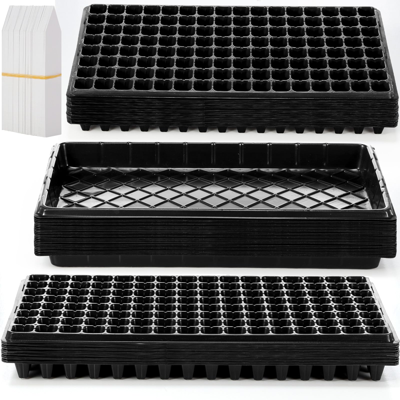 Yinder 20 bandejas de inicio de semillas de plantas, 1020 bandejas sin agujeros y bandejas de tapón de células con 100 etiquetas, bandejas de cultivo para vivero, germinación, hierba de trigo