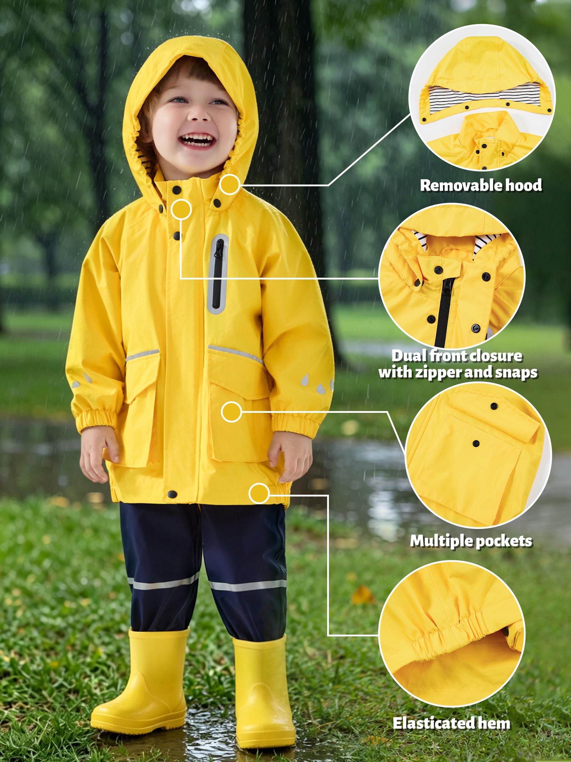 Volunboy Kinder Regenjacke Wasserdicht, Leichte Winddichte Jacke, Abnehmbare Kappe, Reflektorstreifen, Jungen & Mädchen 2-6 Jahre