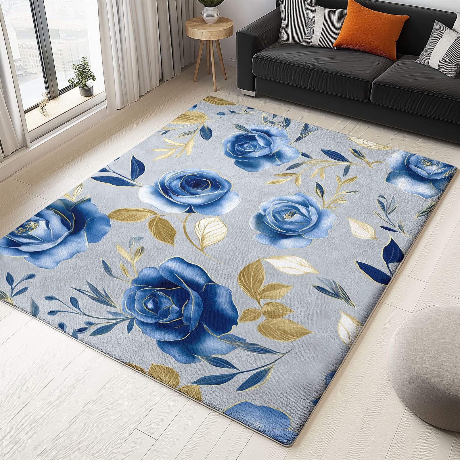 Tapis Salon Salle à Manger Chambre Adulte et Ado, Cuisine - Design Roses Bleues À L'Aquarelle Bleu, Poil Ras Doux Léger Antidérapant 80 x 150 cm