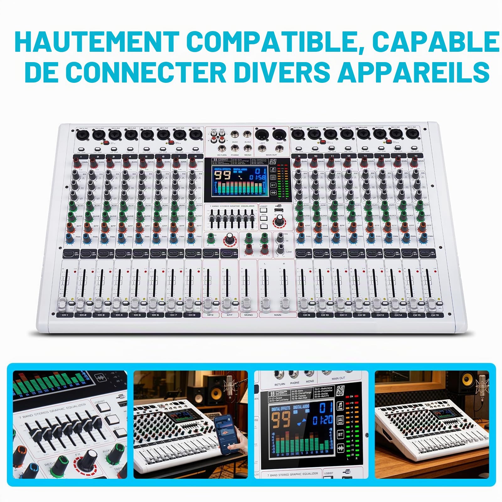 GF12 Console de mixage multifonctionnelle à 12 canaux avec grand écran LCD couleur pour performance sur scène, isolation, mute indépendant, égaliseur à 7 niveaux et 99 effets de réverbération