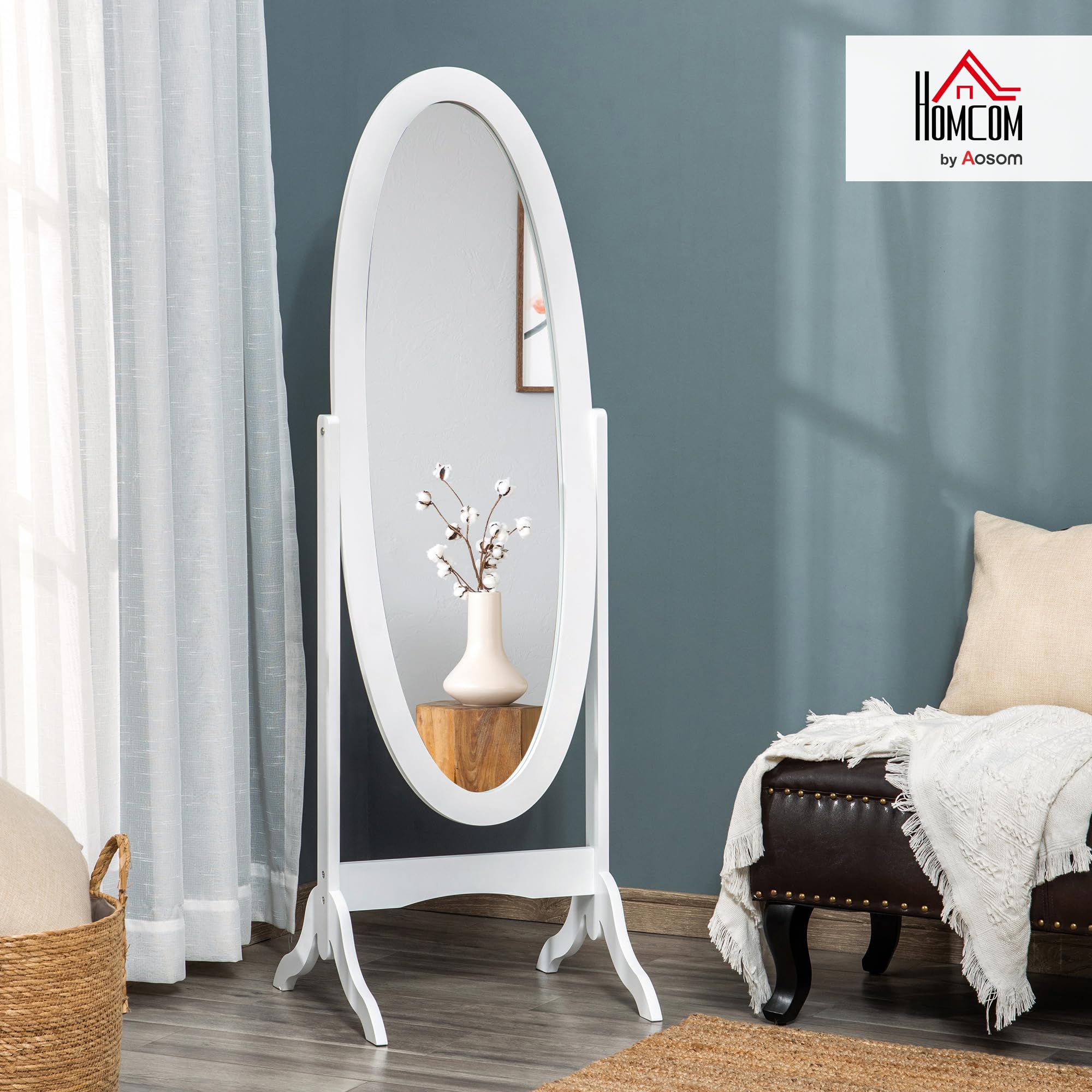 HOMCOM Specchio da Terra di Design, Specchio a Figura Intera con Inclinazione Regolabile, Autoportante, Cornice Ovale e Piedini in Legno, 147x46 cm, Bianco