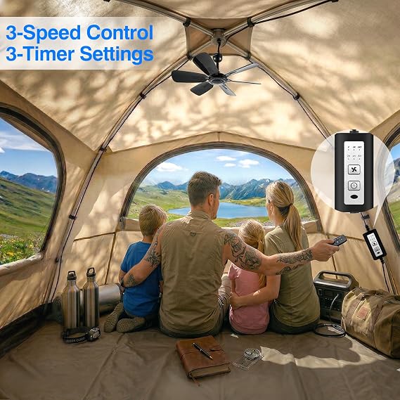 17.7 Inch Portable Ceiling Fan with Remote Control Timing 3 Speed,USB Plug In,5V DC Powered,6 Blades,Indoor/Outdoor RV Camping Tent Canopy,Gazebo,Beach,Hanging,Quiet,black | 5V USB plug-in hanging fan, 6 blades and timer; quiet cooling for RV camping, tents, canopies, gazebos and covered patios