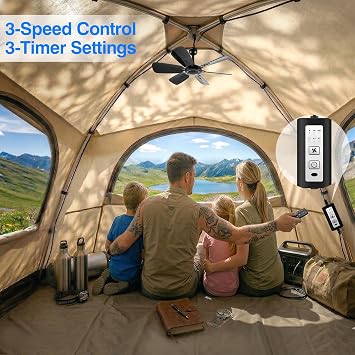 17.7 Inch Portable Ceiling Fan with Remote Control Timing 3 Speed,USB Plug In,5V DC Powered,6 Blades,Indoor/Outdoor RV Camping Tent Canopy,Gazebo,Beach,Hanging,Quiet,black | 5V USB plug-in hanging fan, 6 blades and timer; quiet cooling for RV camping, tents, canopies, gazebos and covered patios