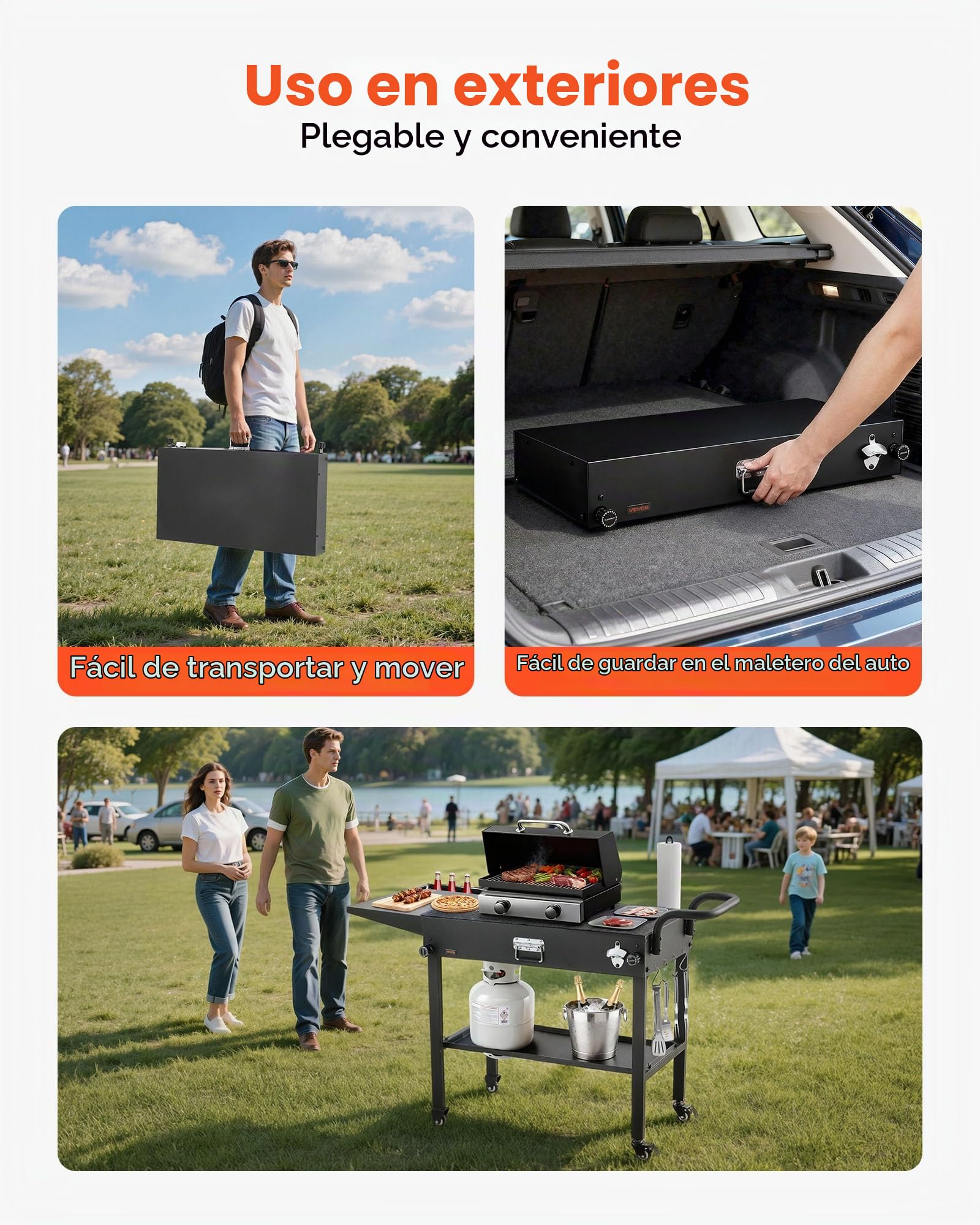 VEVOR Carro de Barbacoa Plegable 787 x 432 mm, Mesa de Barbacoa para Exteriores con Ruedas y Estante, Carrito con Soporte para Pañuelos y Ganchos, Mesa Auxiliar para Jardín, Picnic, Cocina, Patio