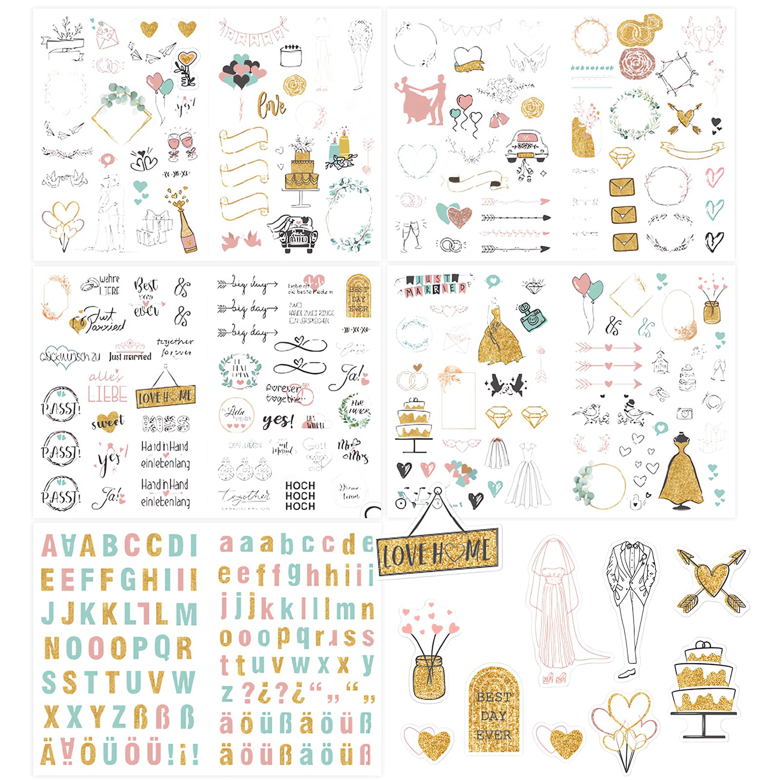 Juego de pegatinas de boda (321 pegatinas), pegatinas para libro de visitas, álbum de fotos, regalo con purpurina (estilo dorado)