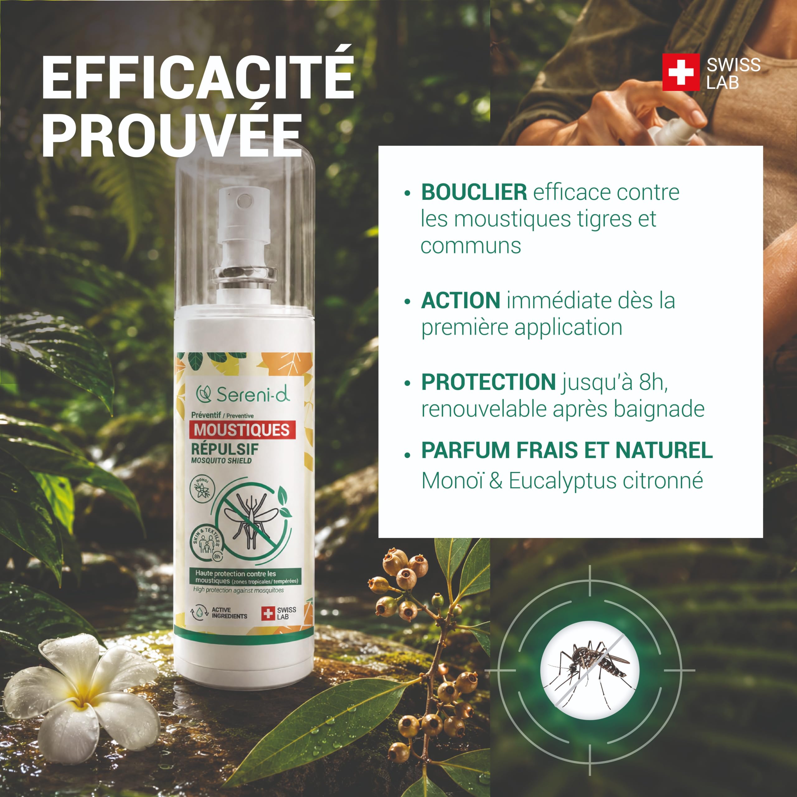 ANTI-MOUSTIQUES MONOÏ Spray Répulsif Corps & Vêtements 100mL – Eucalyptus Citronné – Jusqu'à 8h – Moustique Tigre – Dès 6 Mois – SANS DEET – Swiss Lab – Sereni-d®