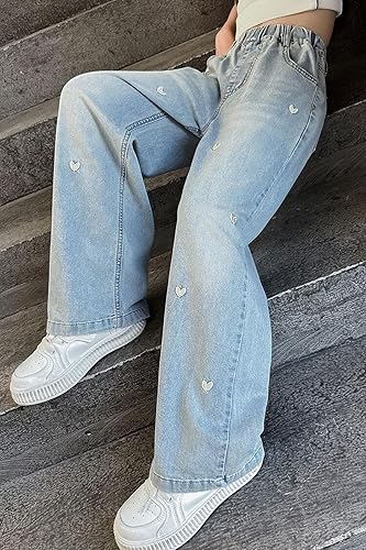 Girls Cute Heart Jeans Straight Baggy Wide Leg High Elastic Wasit Denim Pants Teen Casual Trendy Y2k Loose Trousers(Blue,15-16 Years)