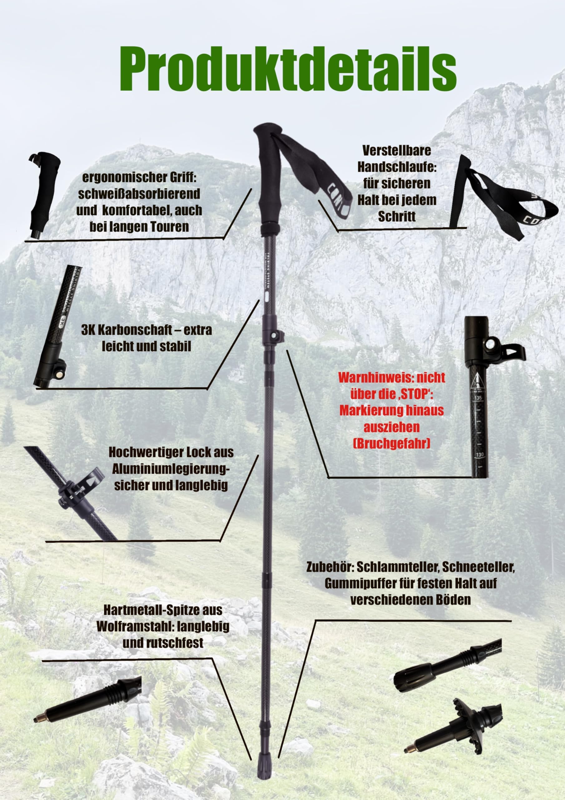 Ultralight Carbon Trekkingstöcke Profi-Set | Nur 210g, Höhenverstellbar für Wanderen & Nordic Walking | Inkl. Trekking-Ausrüstung