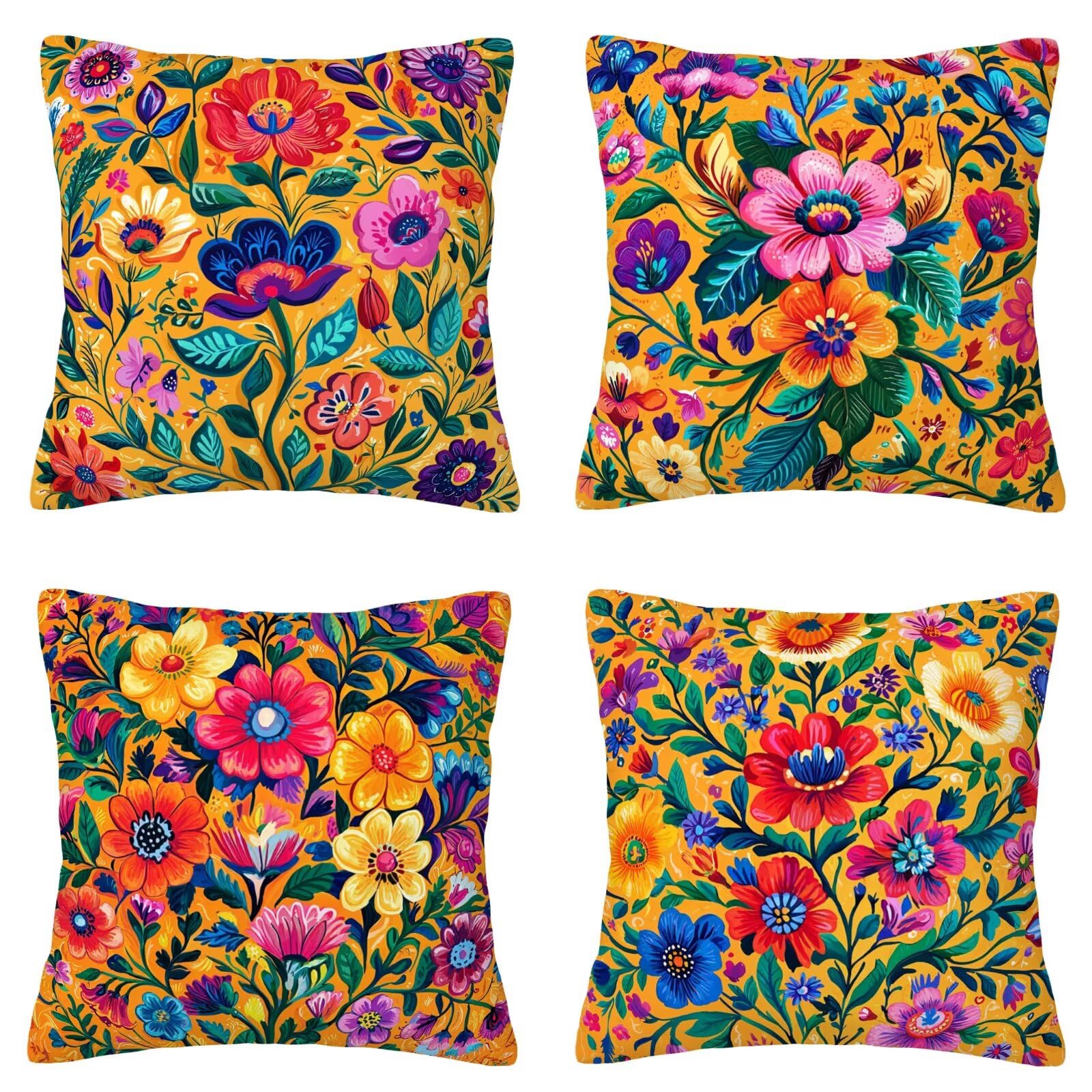 Poszewki na poduszki 55 x 55 cm pomarańczowe, kwadratowe aksamitne pokrowce na poduszki z motywem kwiatowym zestaw 4, dwustronny nadruk poszewki na poduszki na sofę, nowoczesne pokrowce na poduszki do