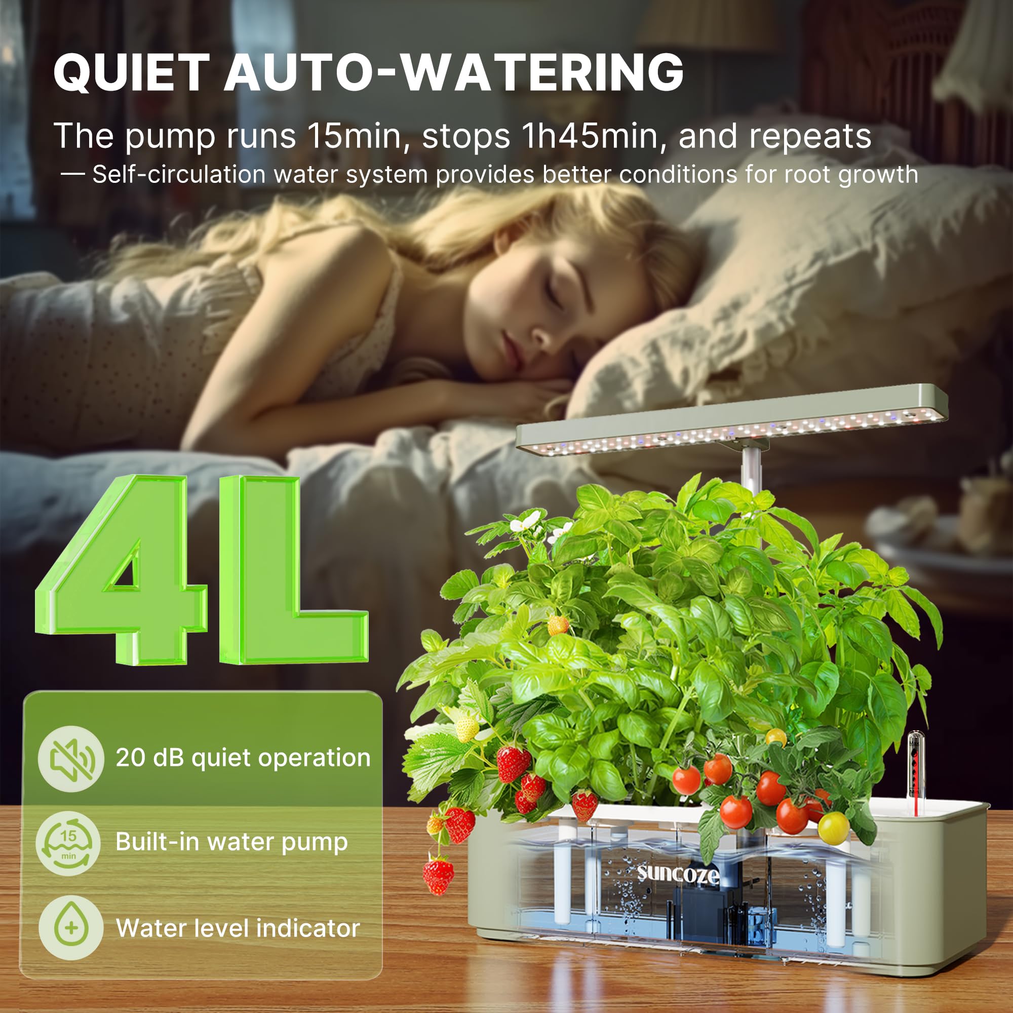 SUNCOZE Hydroponics Growing System Kit 12 Pods, 24W LED Grow Light Indoor Garden, 4L Water Tank with Quiet Pump, Adjustable Height Herb Garden Planter Indoor Kit, Gardening Gifts,: Green