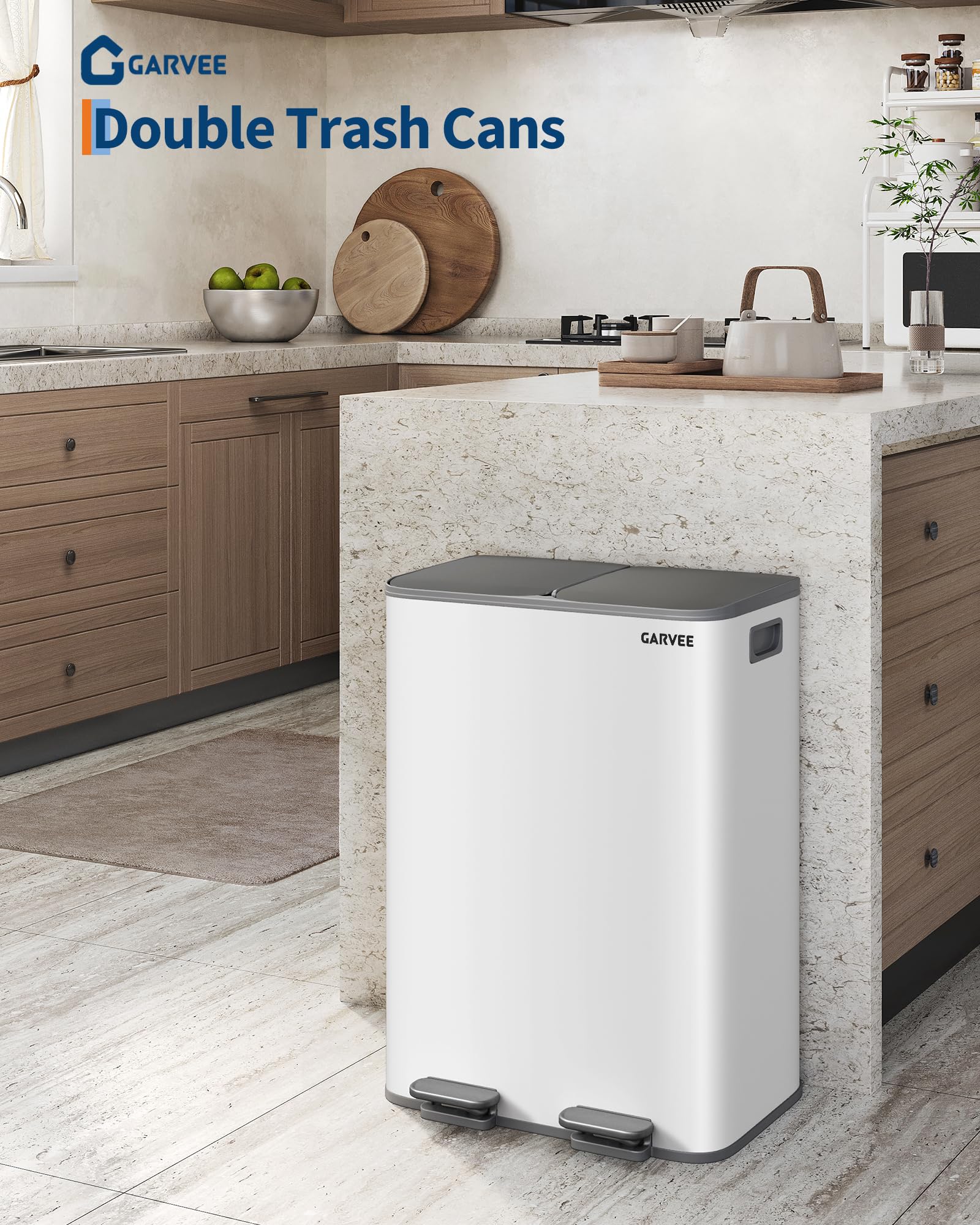 Poubelle de Cuisine Inox 2x30L à Double Compartiment, Pédales Douces avec Couvercle Silencieux, Seau Amovible pour Recyclage, Résistante aux Empreintes, Gris-Blanc