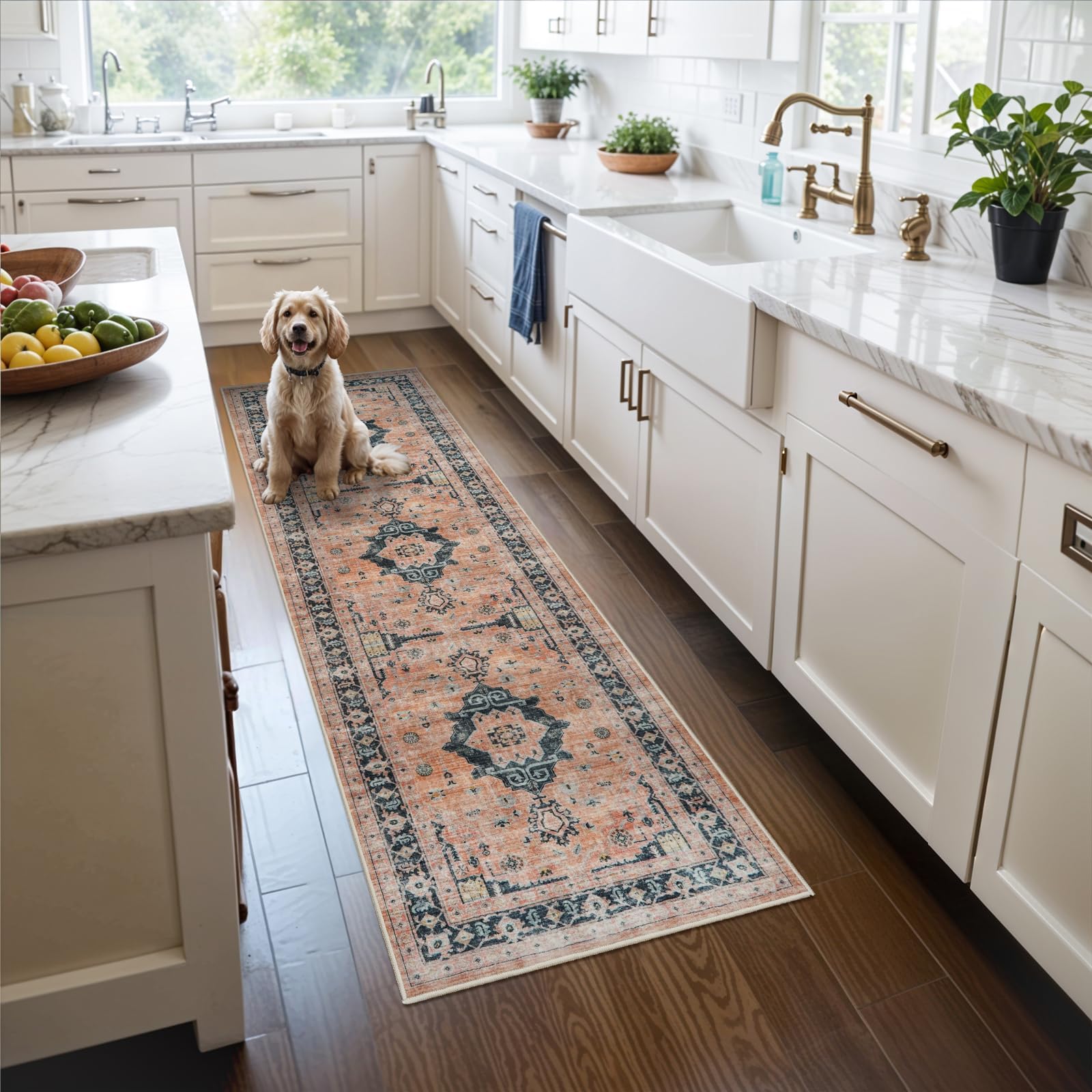 Photo 1 of Hallway Washable Runner Rug - 2x7 Kitchen Rugs Entryway Rug Runner Vintage Soft Floor Mat Non Slip Indoor Farmhouse Carpet for Bathroom Living Room Bedroom (2 X 7, Orange)