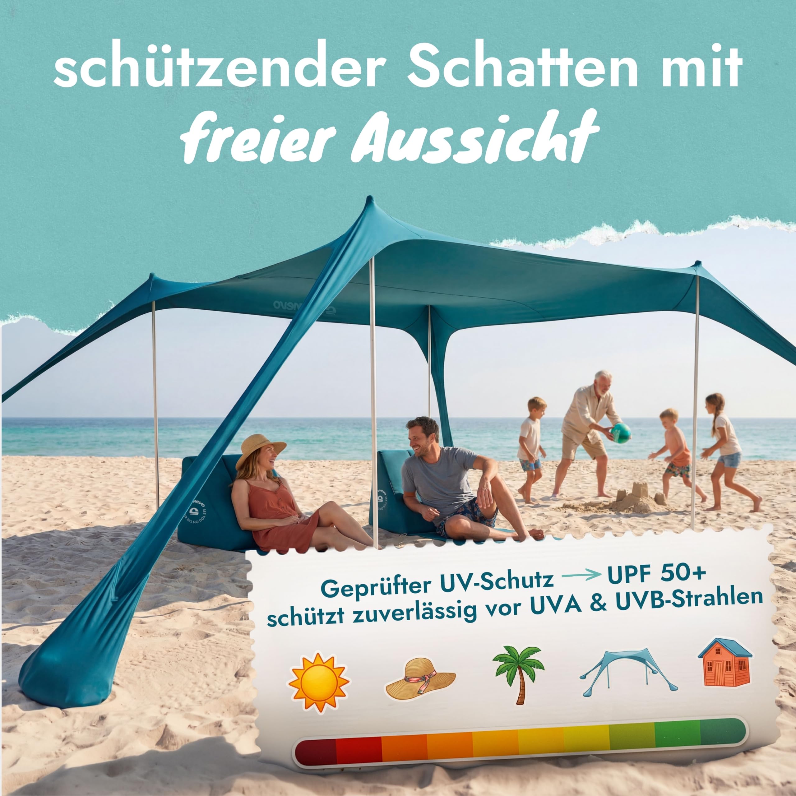 Sunsail XL Strandzelt, Sonnensegel Strand, XXL Strandmuschel | Next Level Strandmuschel, windstabil & leicht, UV-Schutz UPF 50+, einfacher Aufbau in Sekunden
