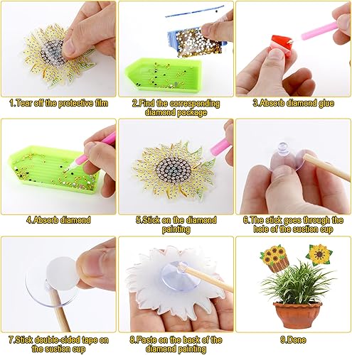 Miniatura 6 de Huwena 12 piezas de pintura de diamante de girasol para decoración de jardín, estacas de pintura de diamante, flores, estacas de jardín, estacas de