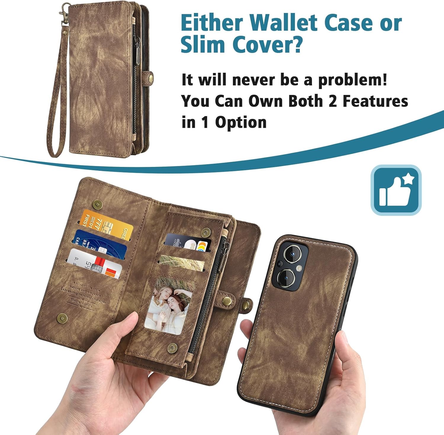 OnePlus Nord N20 5G用Asuswish 電話ケース ジッパーウォレット 取り外し可能なセルカバー 強化ガラススクリ