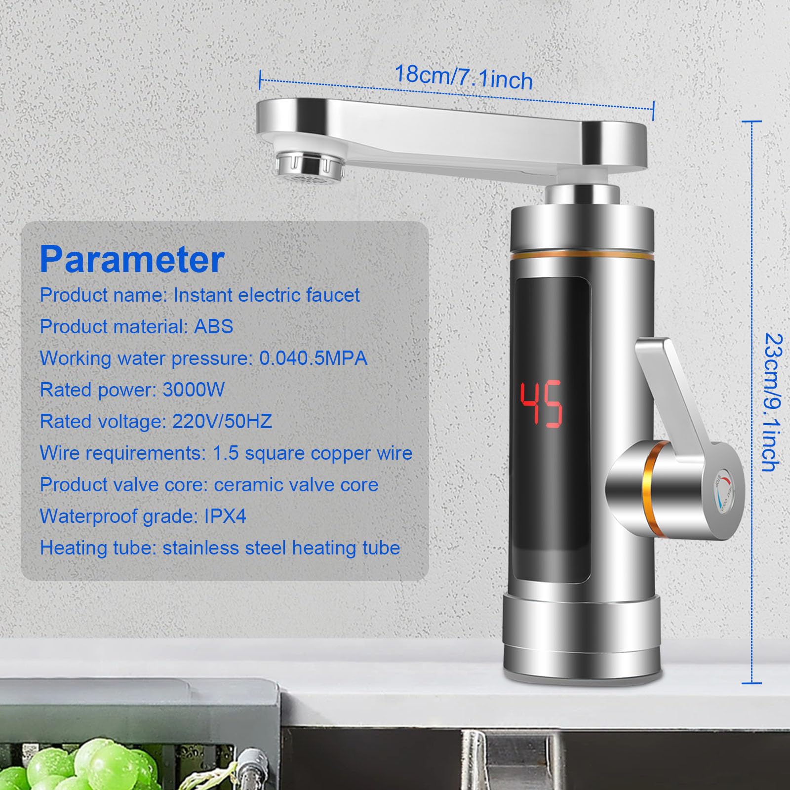 Grifo eléctrico instantáneo, grifo de calentador de agua eléctrico, indicador de temperatura LCD, mezcla de 360°, grifo de cocina giratorio, grifo de agua instantáneo