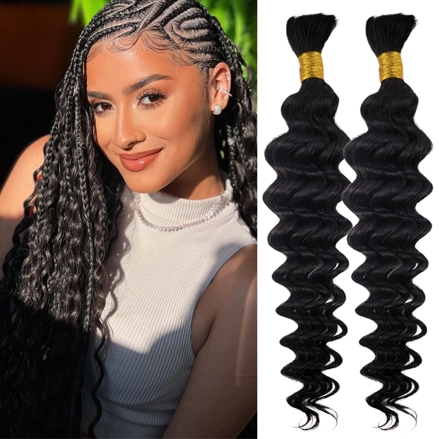 Deep Wave Human Braiding Hair for Boho Braids 1b Black Curly Human Hair Bundles for Braiding 2 Bundles/Pack 20Inch
